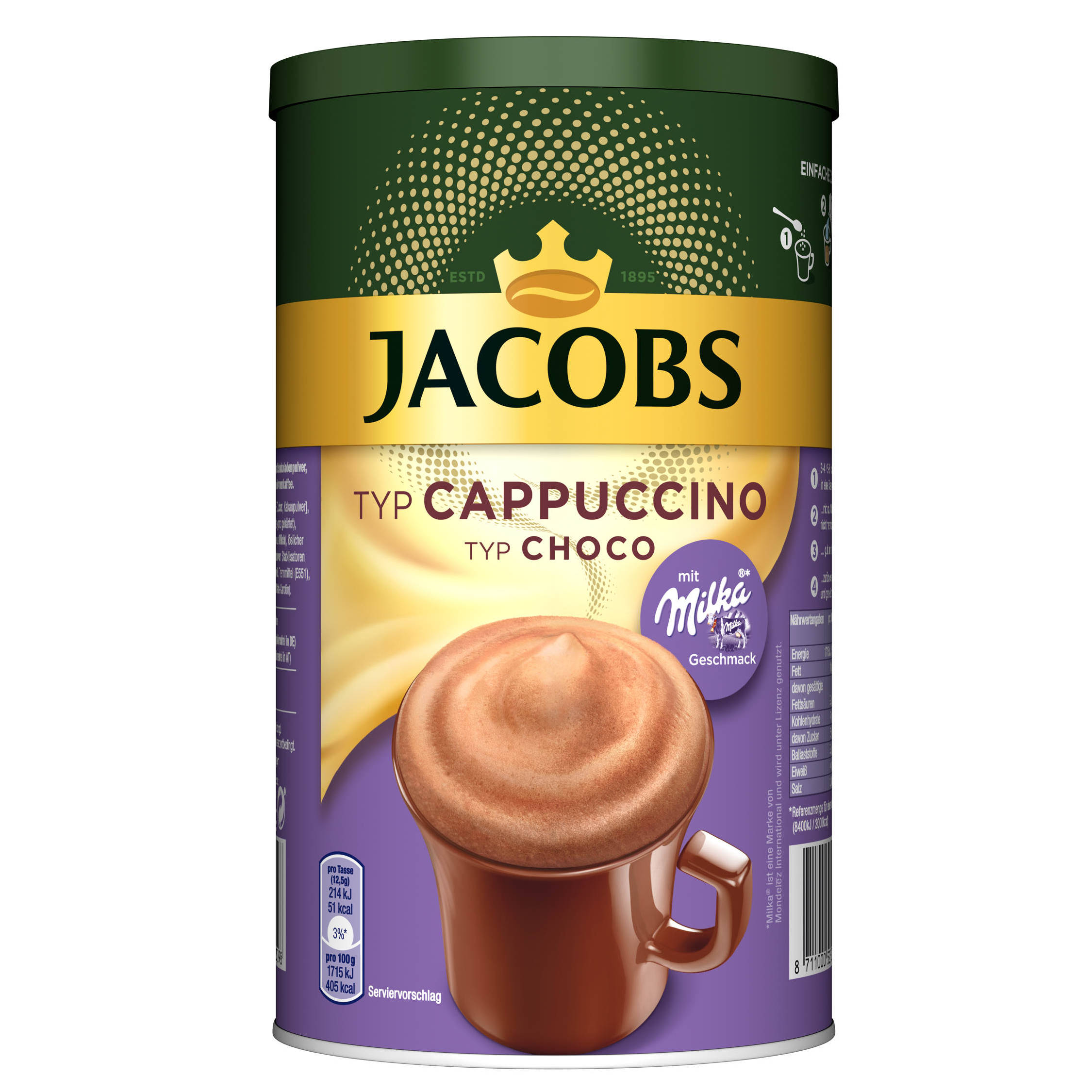 g Typ JACOBS Cappuccino Choco (In 500 6 x Dosen Geschmack heißem Instantkaffee auflösen) Wasser mit Milka