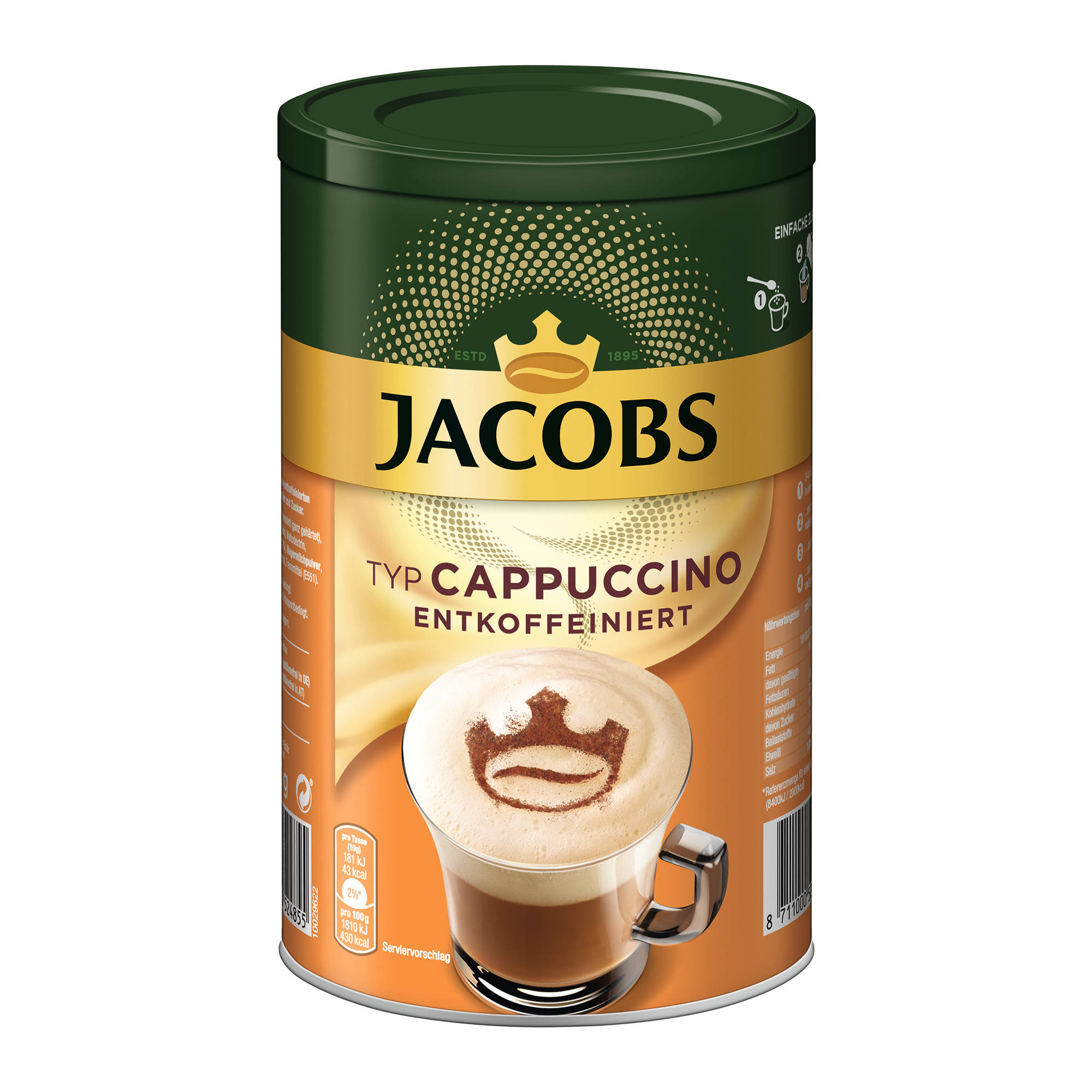 JACOBS Typ auflösen) Wasser entkoffeiniert Cappuccino heißem Dosen 8 Instantkaffee 220 g x (In