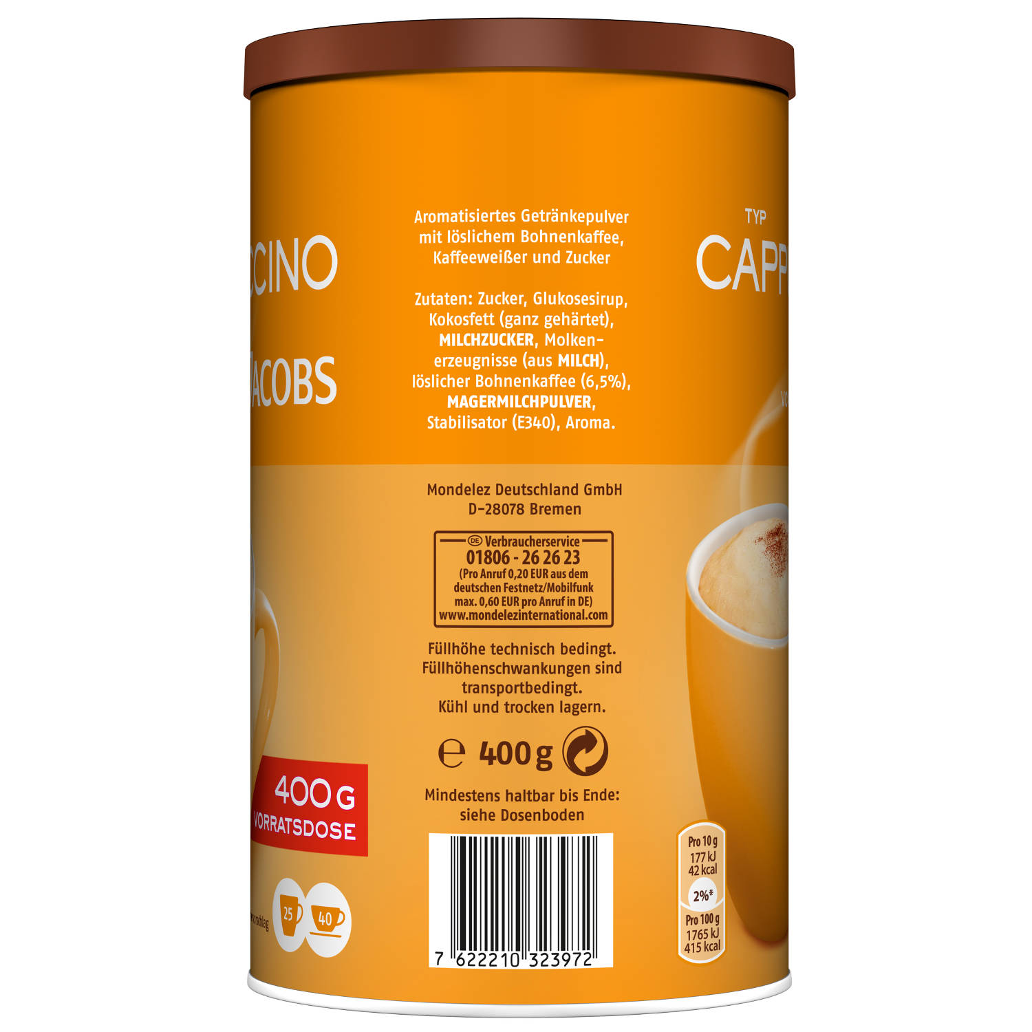 JACOBS 6 x 400 g (In Instantkaffee Typ auflösen) Wasser Dosen heißem Cappuccino