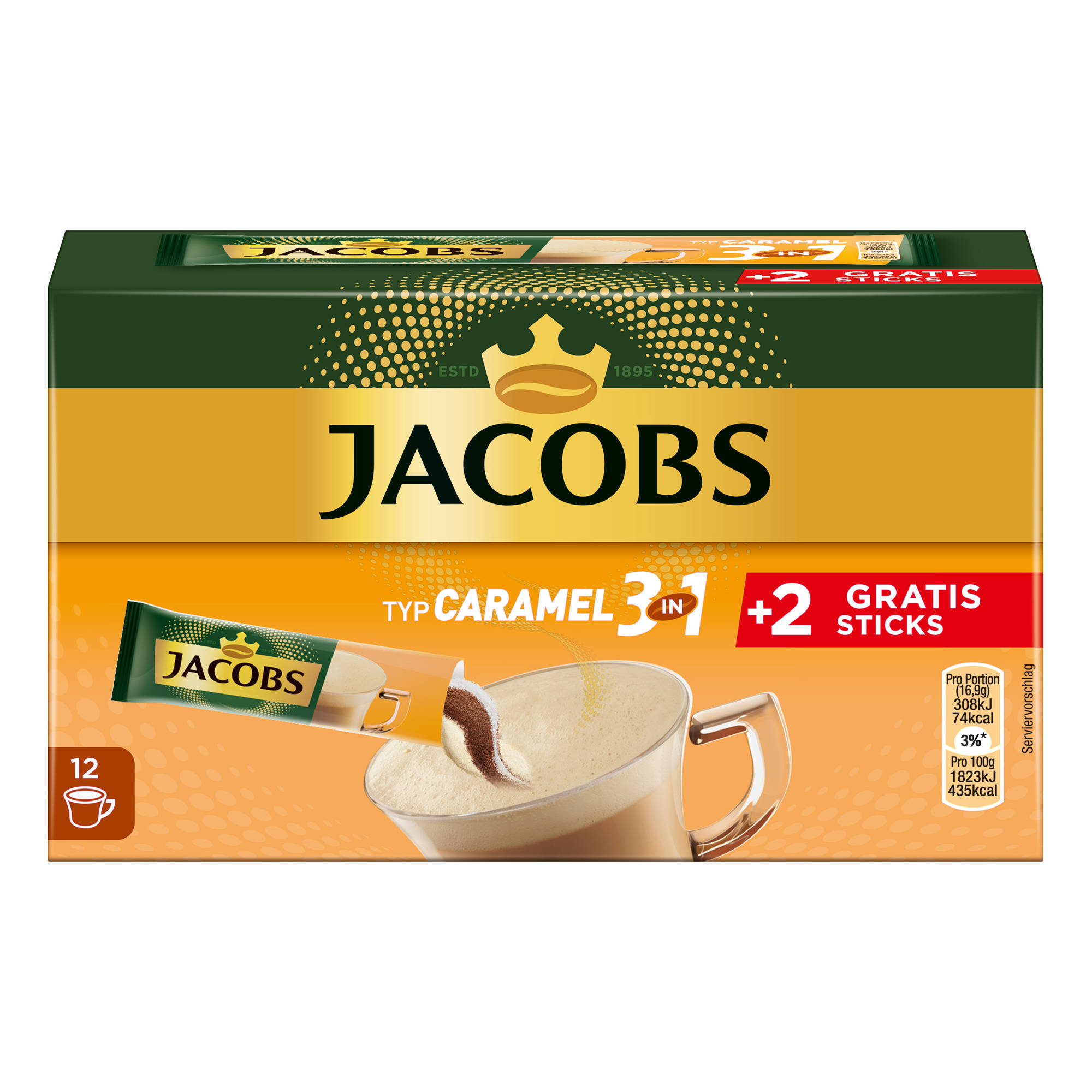 JACOBS 3in1 Typ Caramel (In Instantkaffee x auflösen) heißem 12 Sticks 10+2 Getränke Wasser