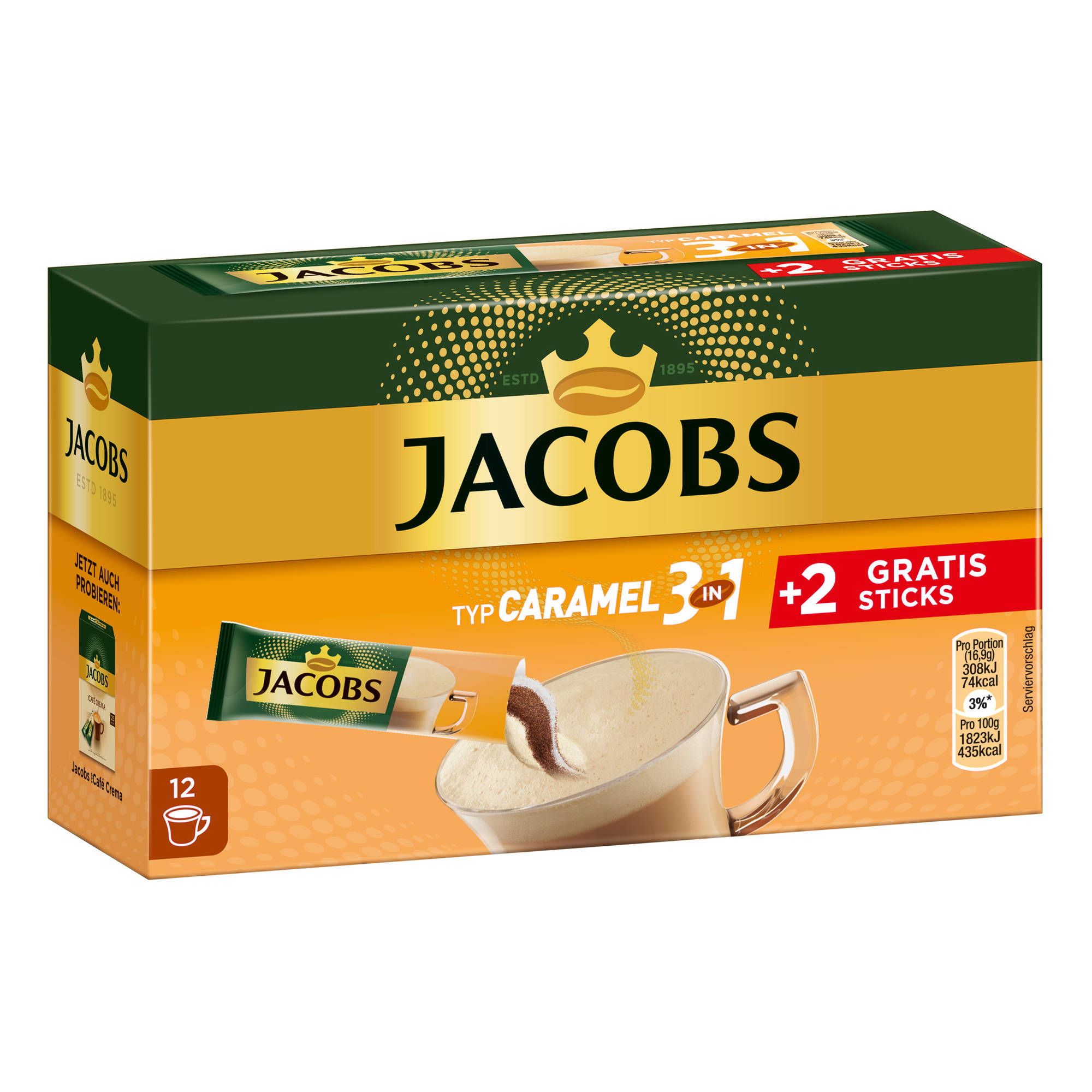 x 10+2 Sticks JACOBS Caramel Instantkaffee Getränke Wasser heißem (In auflösen) 12 3in1 Typ