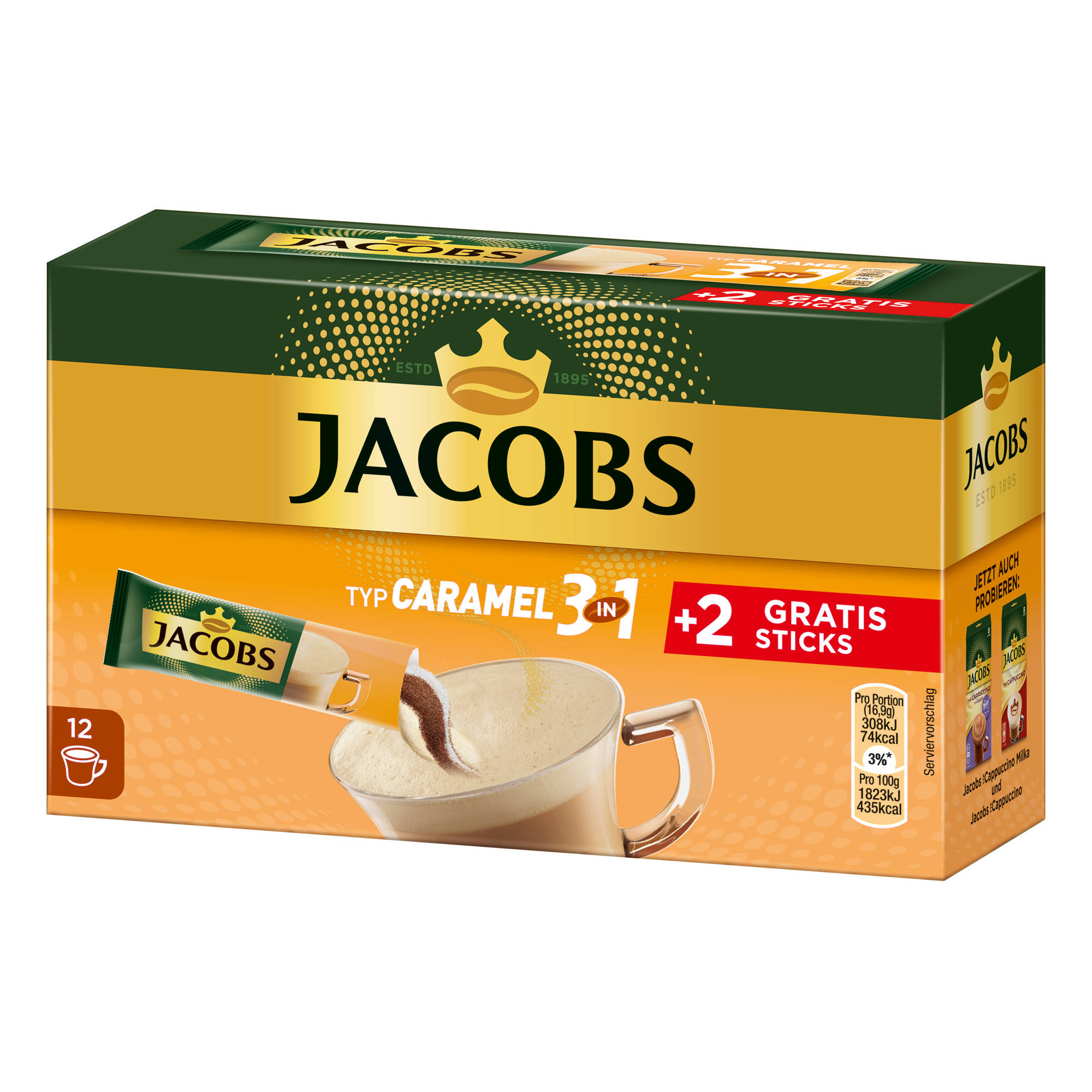 JACOBS 3in1 Typ Caramel (In Instantkaffee x auflösen) heißem 12 Sticks 10+2 Getränke Wasser