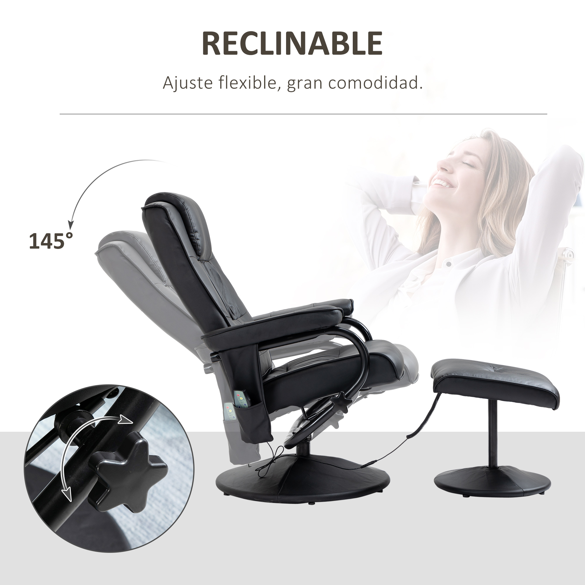 Una silla reclinable con reposapiés, mostrando el mecanismo de reclinación y una mujer relajándose en el fondo.