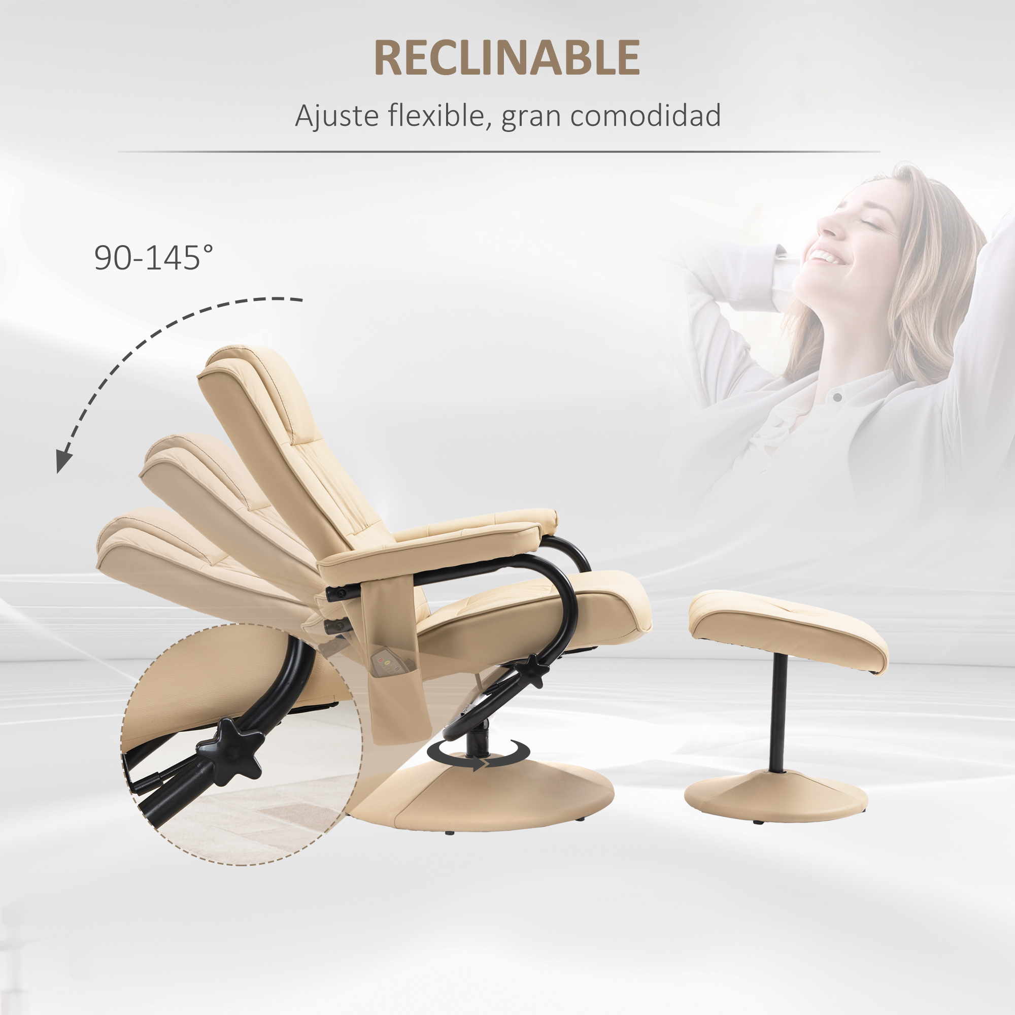 Sillón reclinable beige y reposapiés. Una mujer sonríe al fondo. Muestra el ángulo de reclinación.