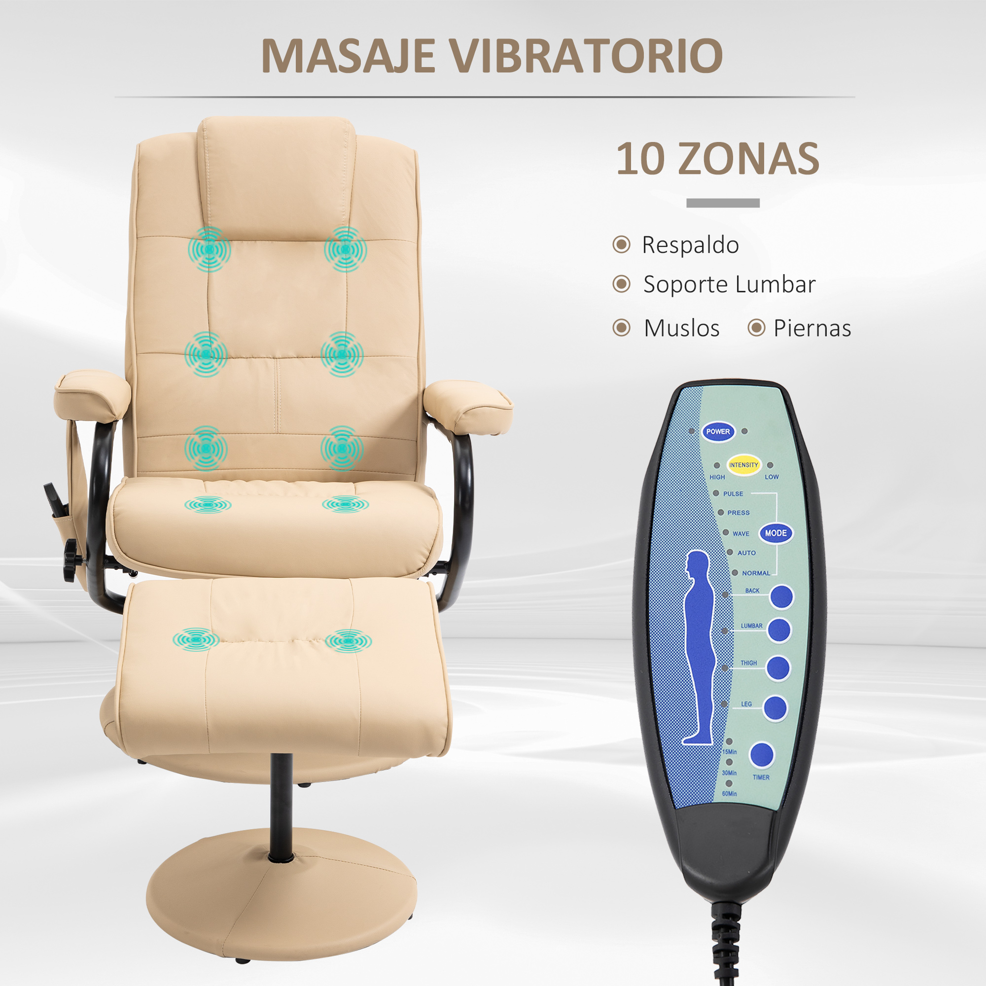 Sillón de masaje beige con un panel de control que muestra varios modos de masaje.