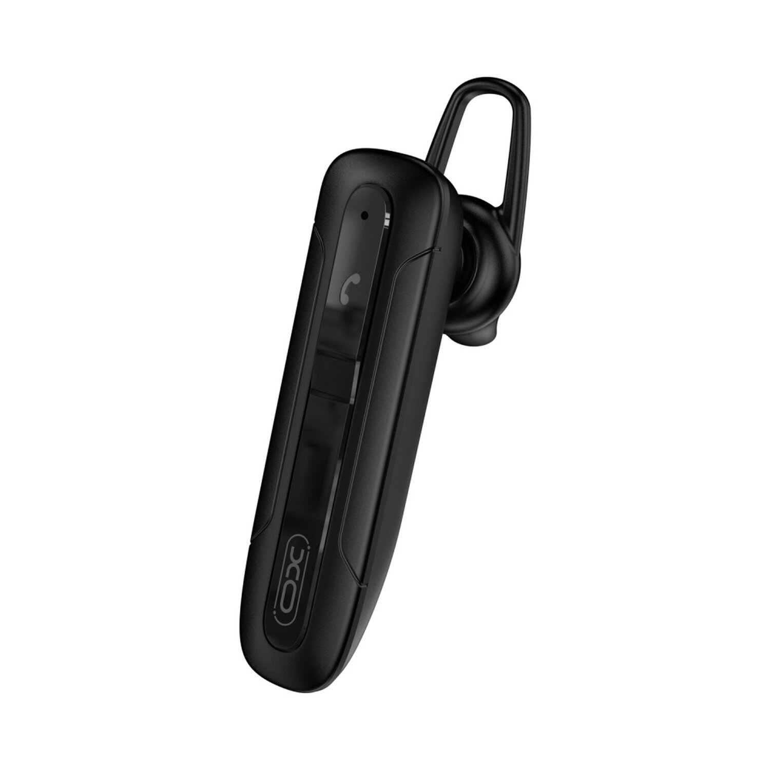Cuffia wireless nera. Ha un microfono e un gancio per l'orecchio. Lo sfondo è bianco.