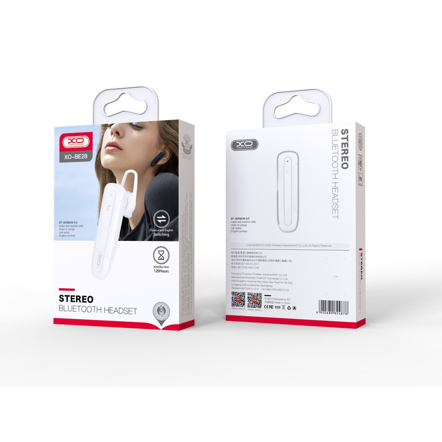 Weiße Bluetooth-Headset-Verpackung mit einer Frau, die das Headset benutzt. Die Box zeigt Produktname und Funktionen.