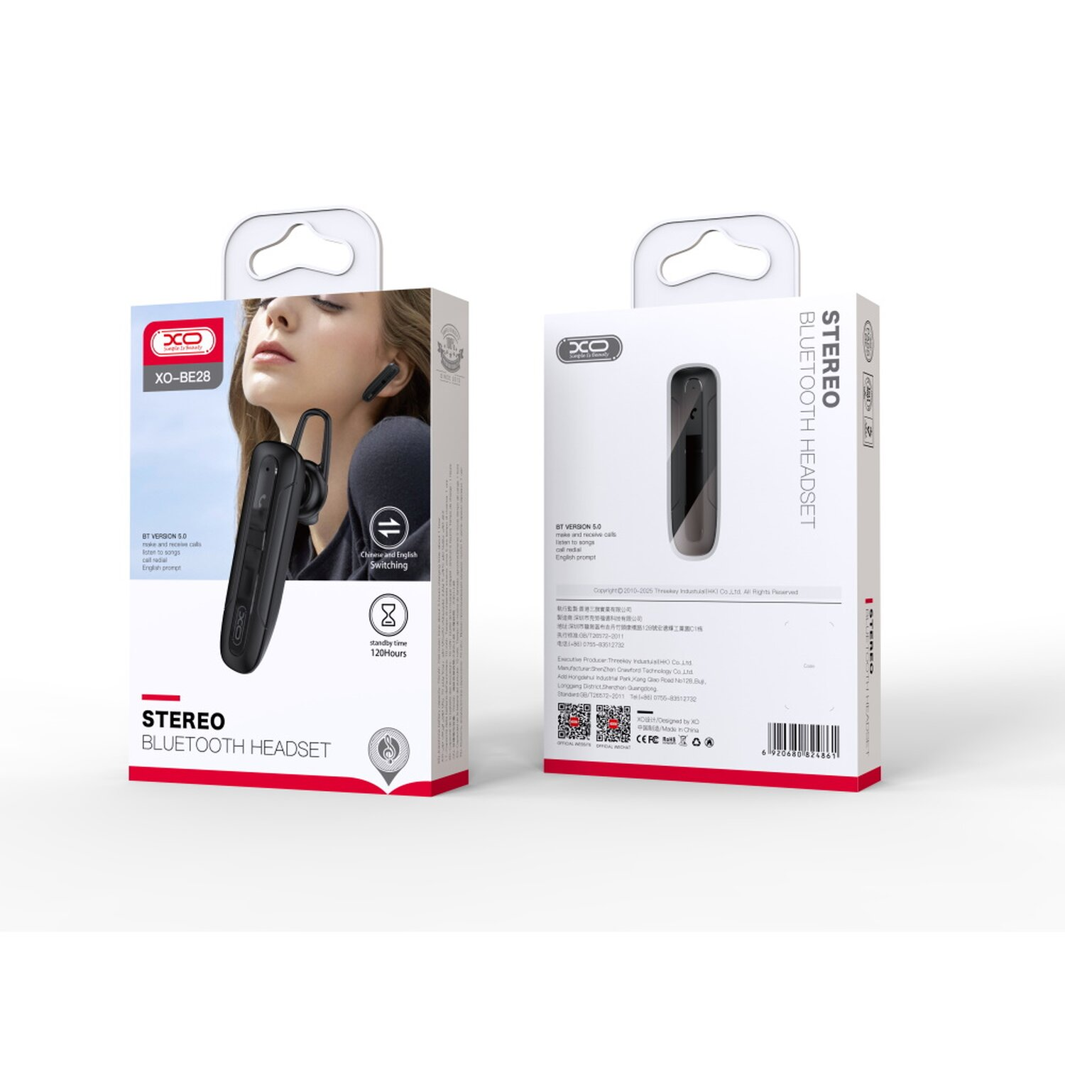 Due scatole di cuffie stereo bluetooth nere. Ogni scatola ha una grafica delle cuffie e informazioni sul prodotto.