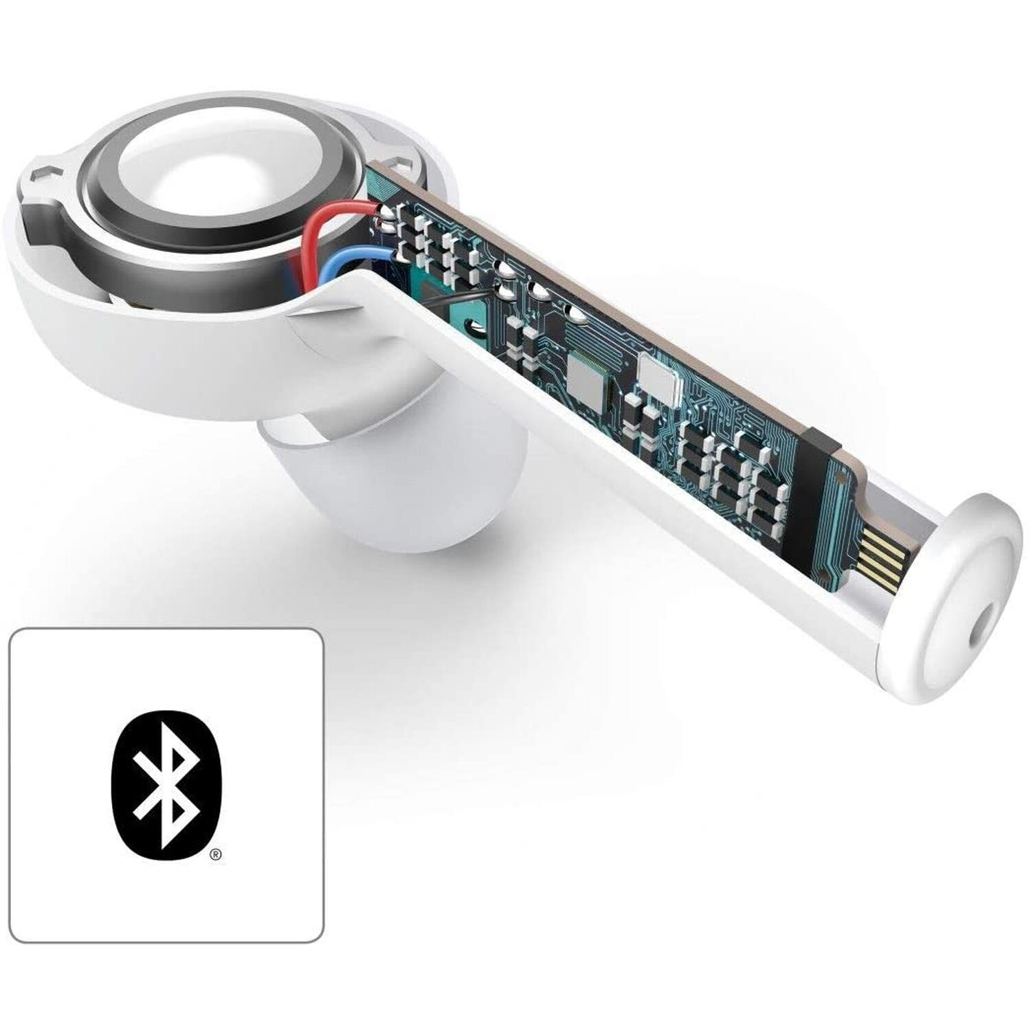 Weißer Ohrhörer mit Innenkomponenten und Bluetooth-Symbol.