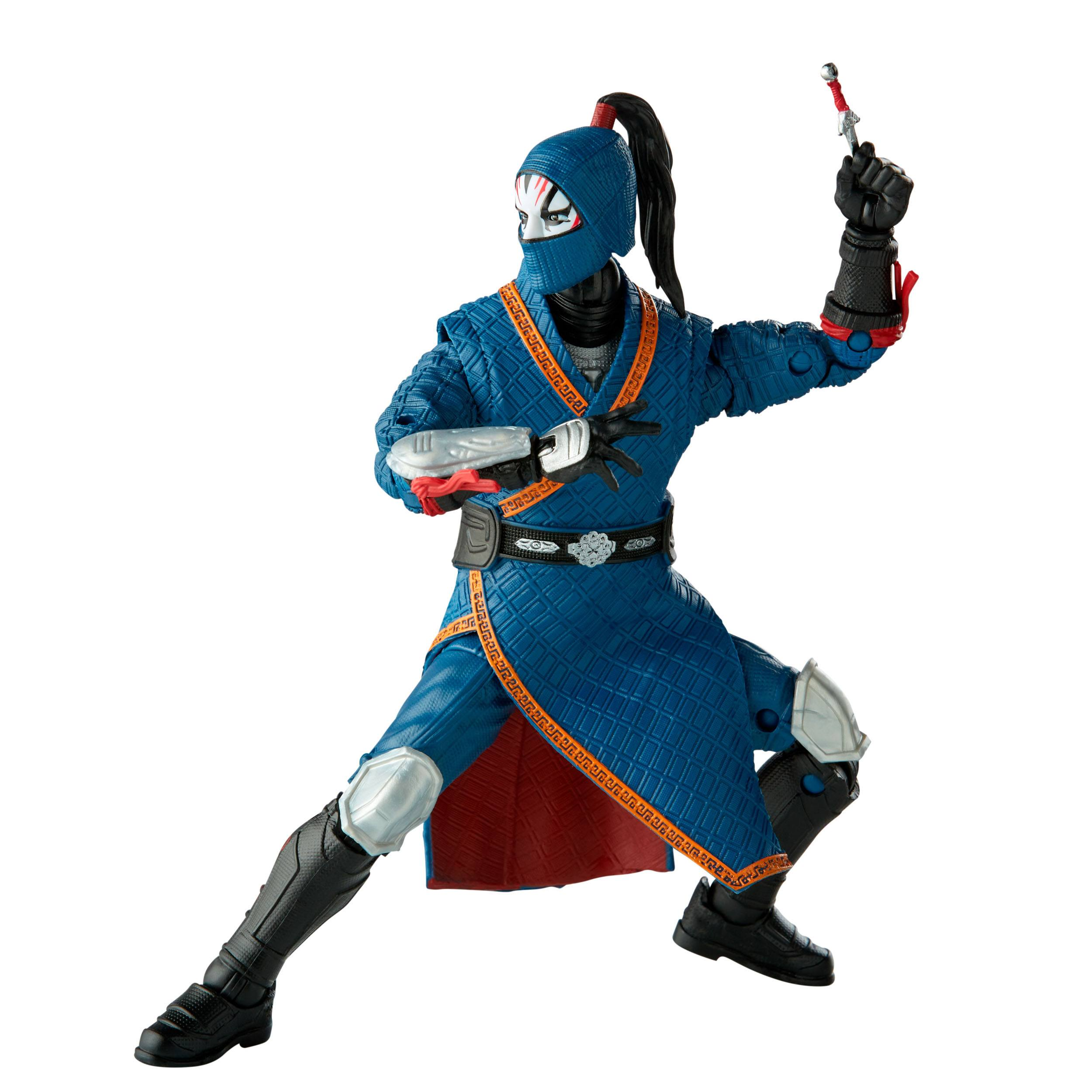Ninja-Actionfigur in Blau mit roten Akzenten. Hält eine Waffe.