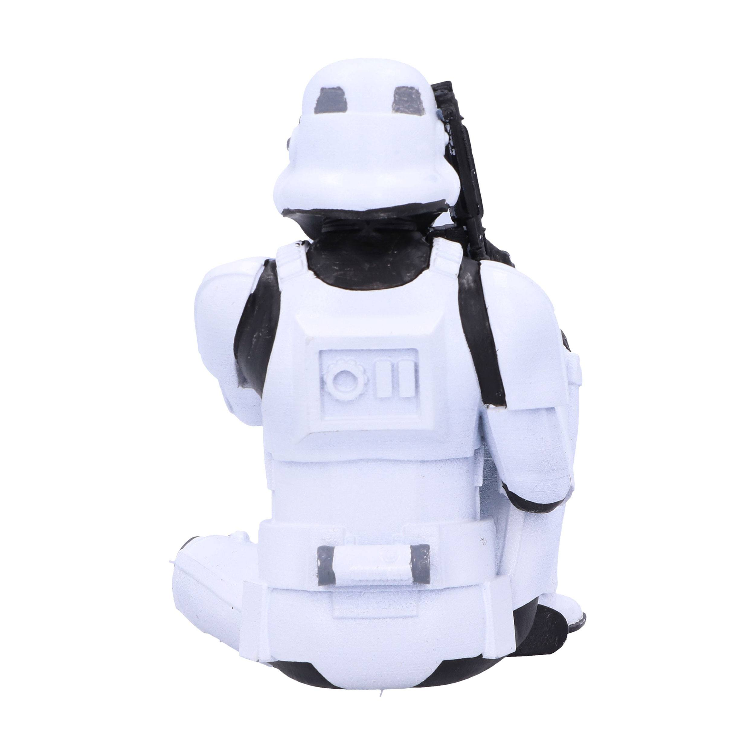 Stormtrooper-Figur, sitzend, in weißer Rüstung. Die Rückseite ist sichtbar, Details werden gezeigt.