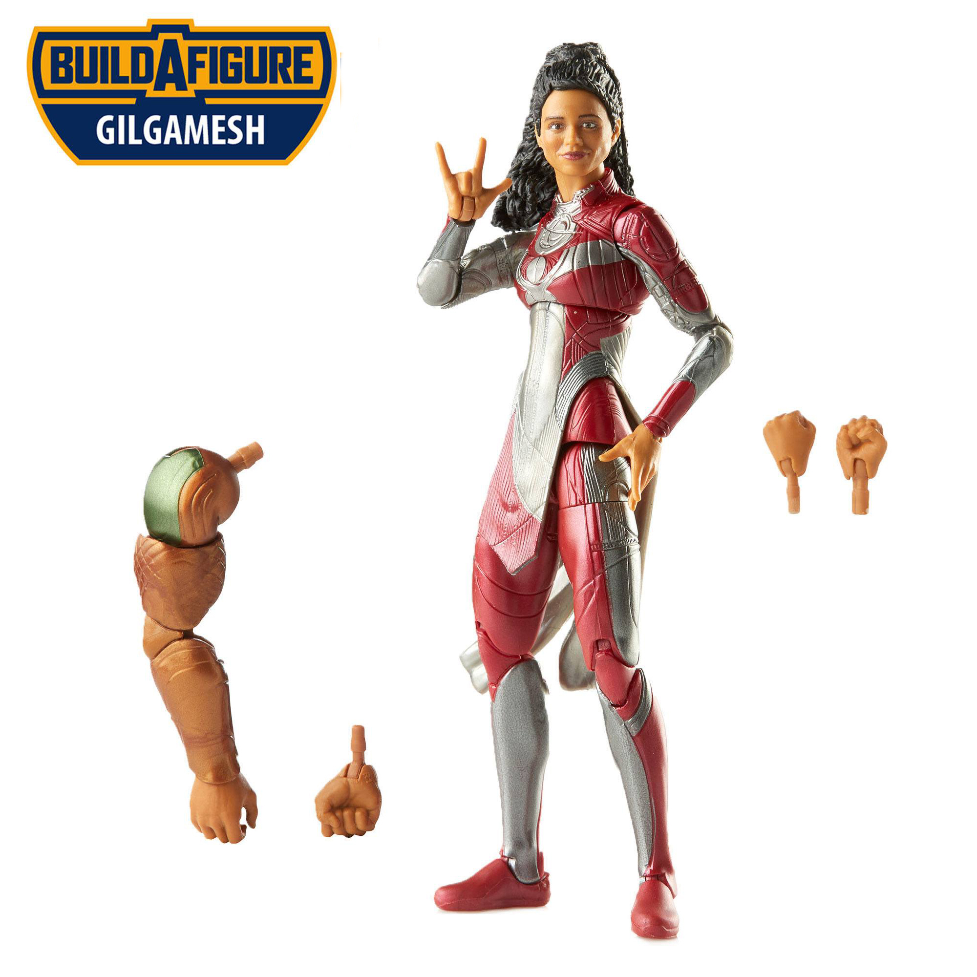 Una action figure di Gilgamesh con accessori. Indossa un abito rosso e argento.