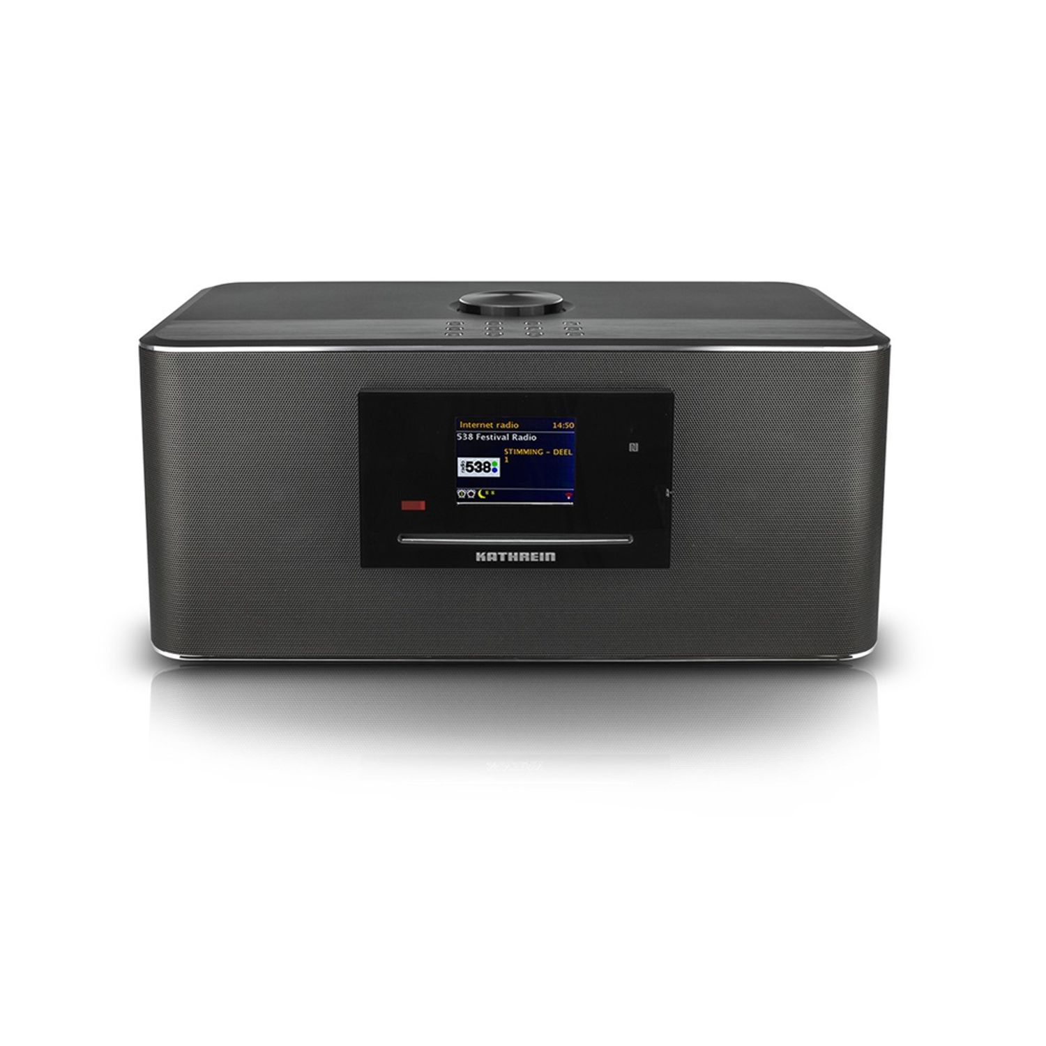 Una radio internet KATHREIN grigio scuro con schermo e un altoparlante nero.