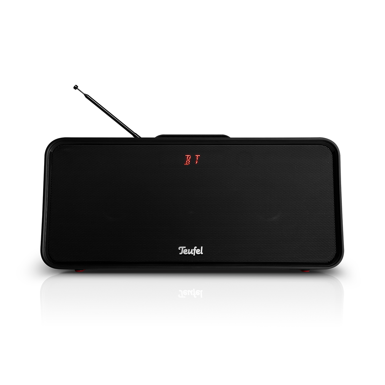 Altavoz rectangular negro con indicador BT rojo y antena, nombre de marca Teufel visible.