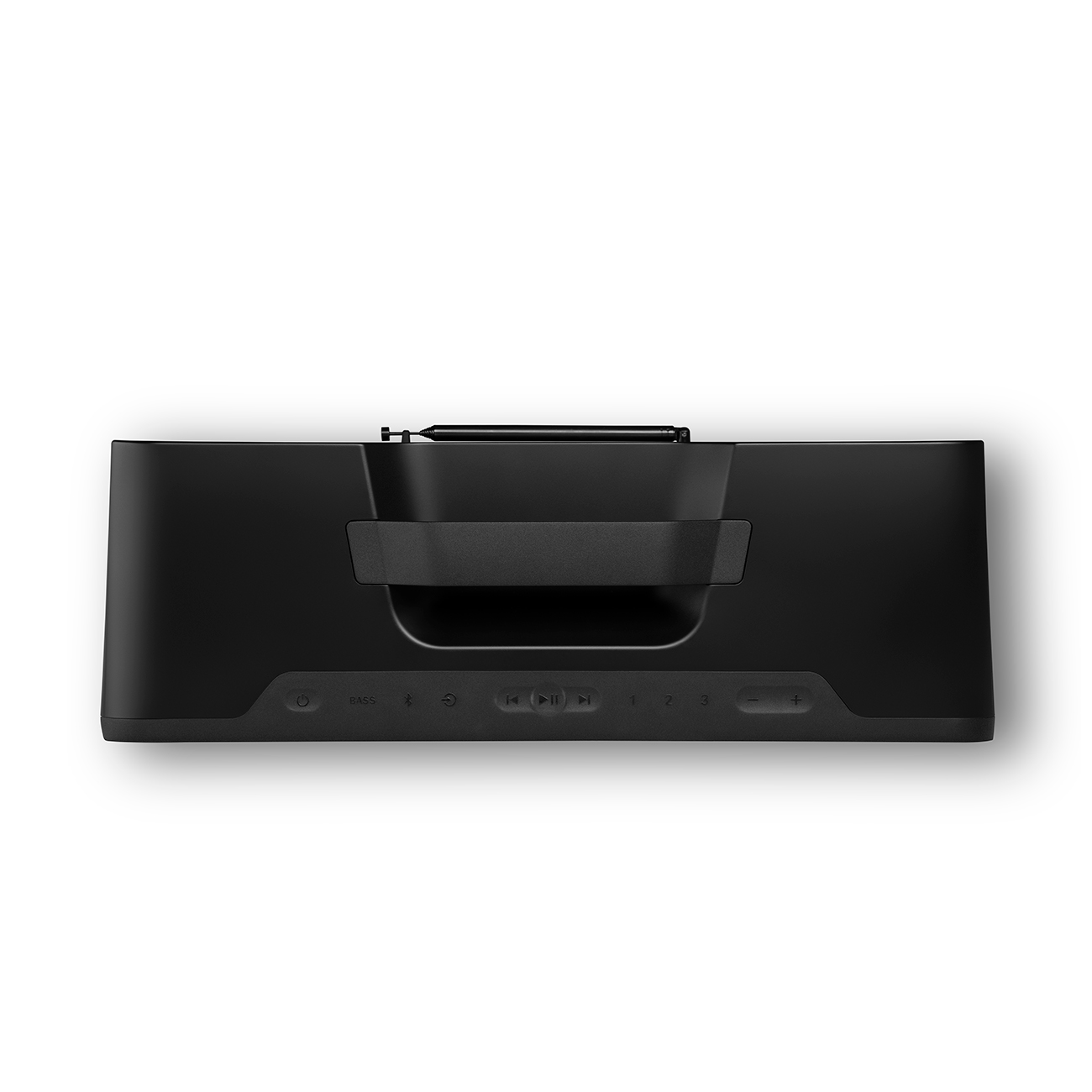 Altavoz negro con botones y una pequeña antena.