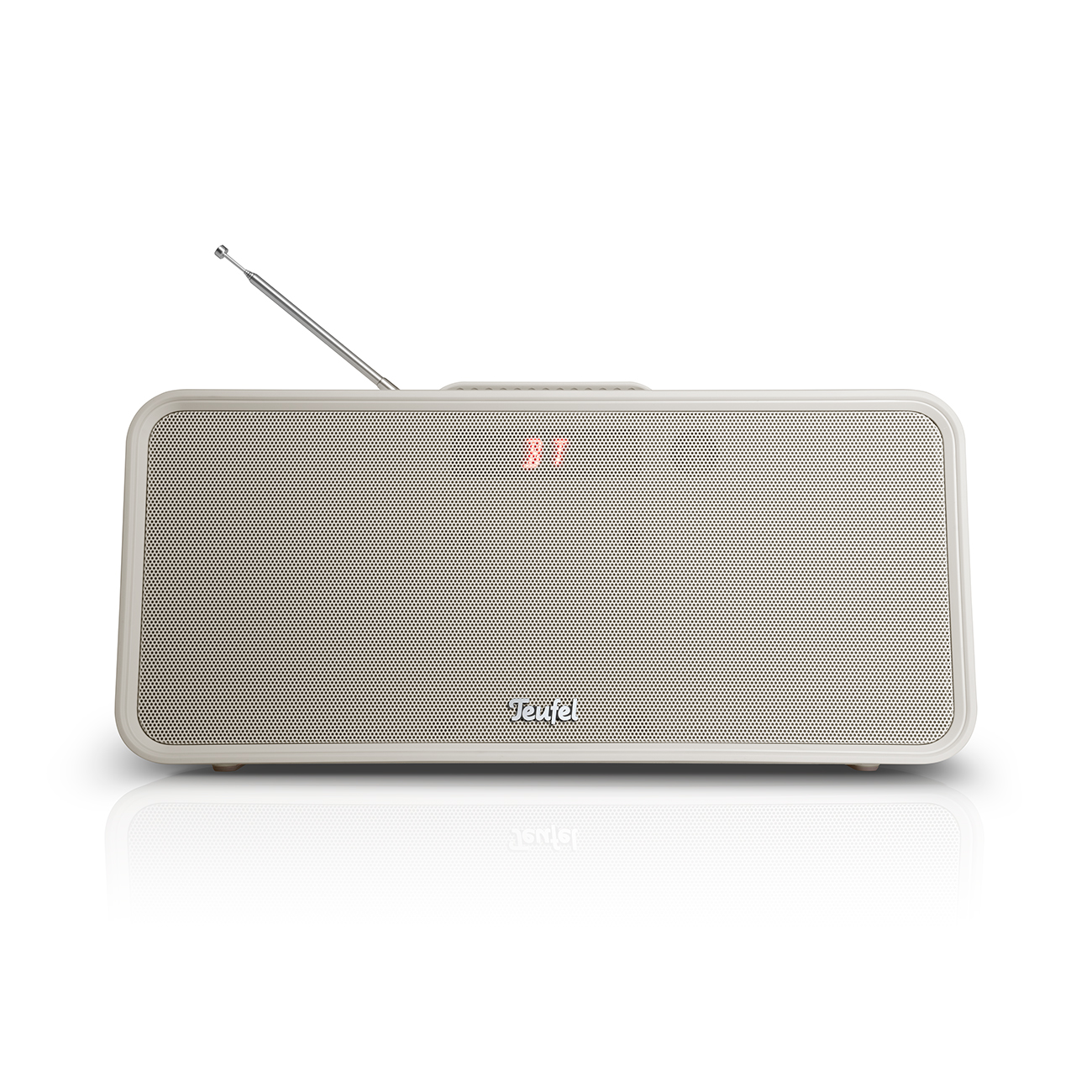 Una radio beige con un logotipo rojo y una antena.