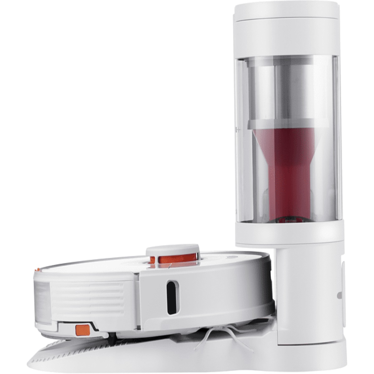 Weißer Roboter-Staubsauger mit Ladestation, mit rotem Staubbehälter. Weißer Hintergrund.