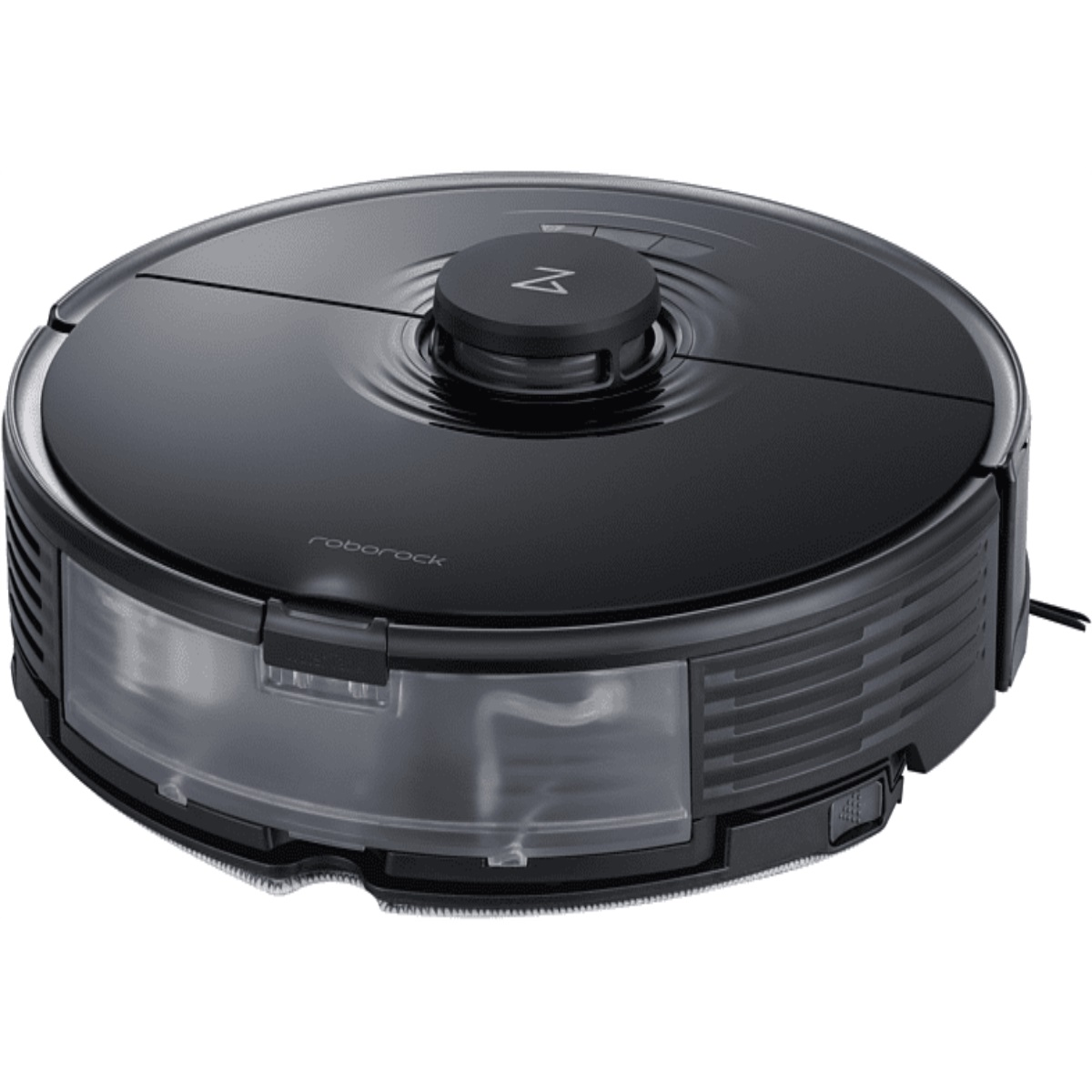 Schwarzer Roboter-Staubsauger. Runde Form mit Wassertank und Oberseite mit Knopf.