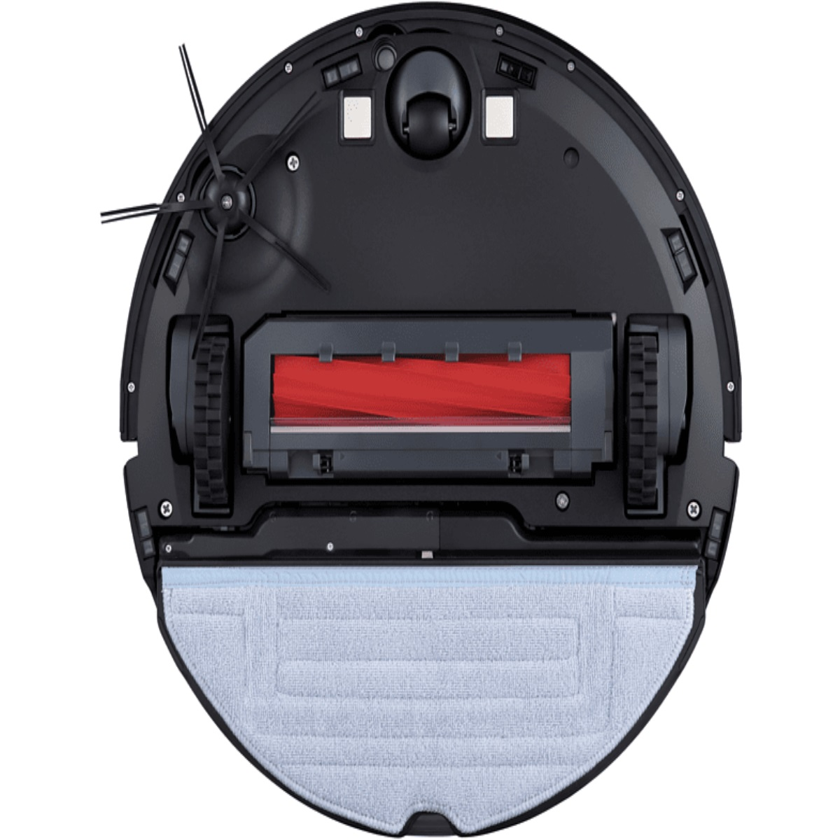 Ein schwarzer Roboter-Staubsauger, von unten gesehen. Er hat eine rote Bürste und ein blaues Wischtuch.