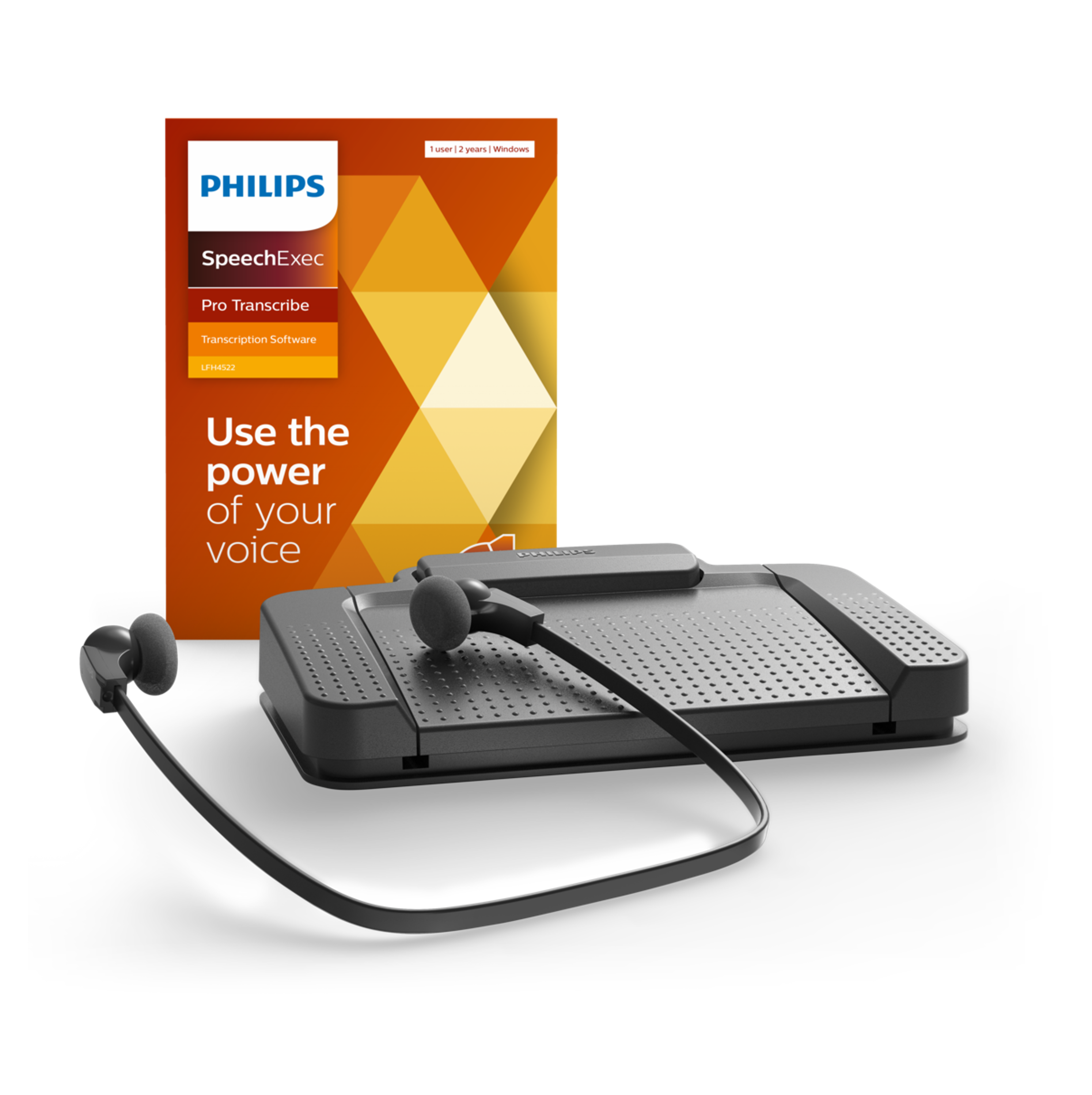 Philips Speech-Transkriptionssoftware-Box und Headset. Schwarzes Gerät auf weißem Hintergrund.