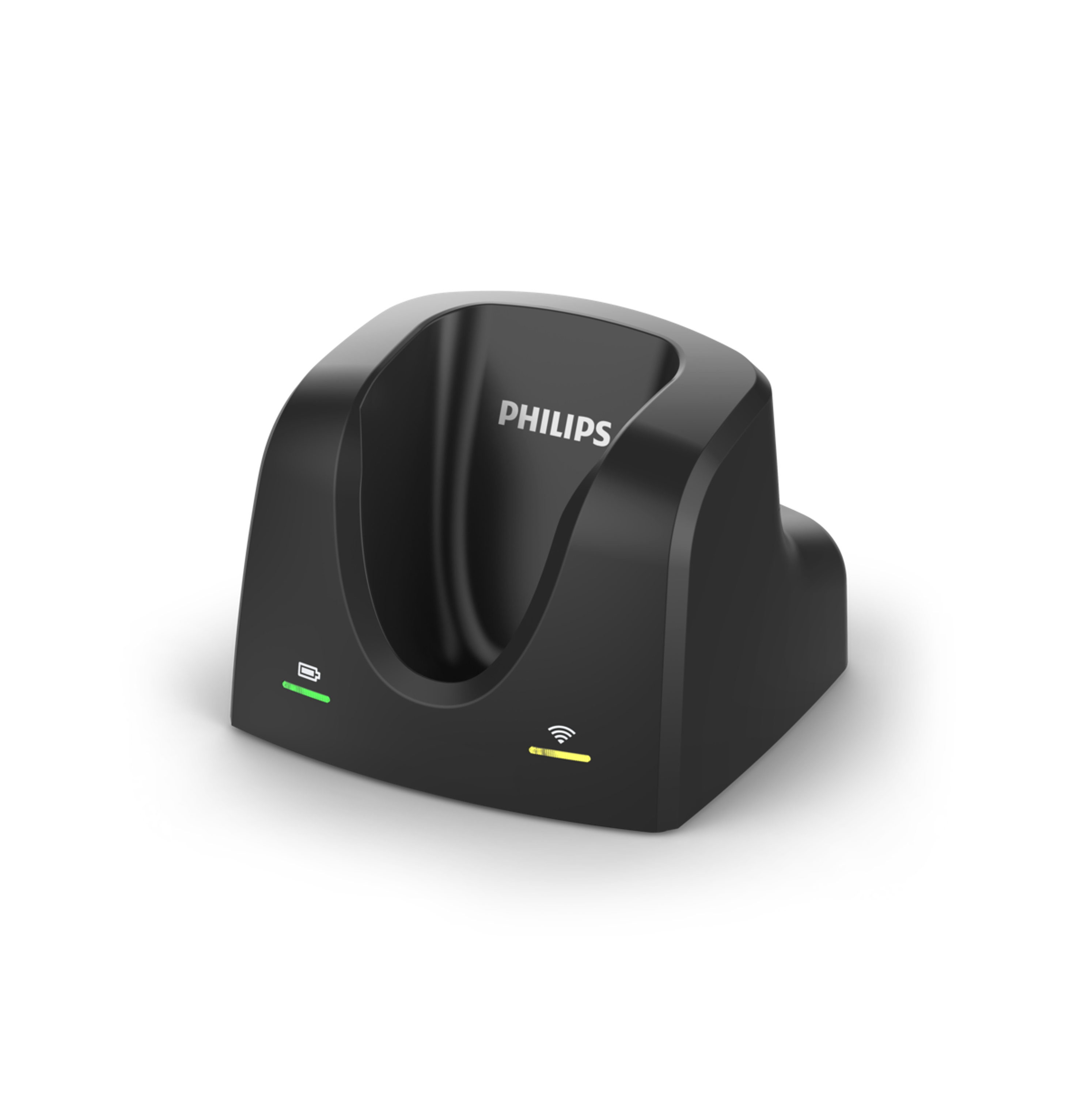 Schwarze Philips Ladestation. Hat grüne und gelbe Lichter zur Ladeanzeige.