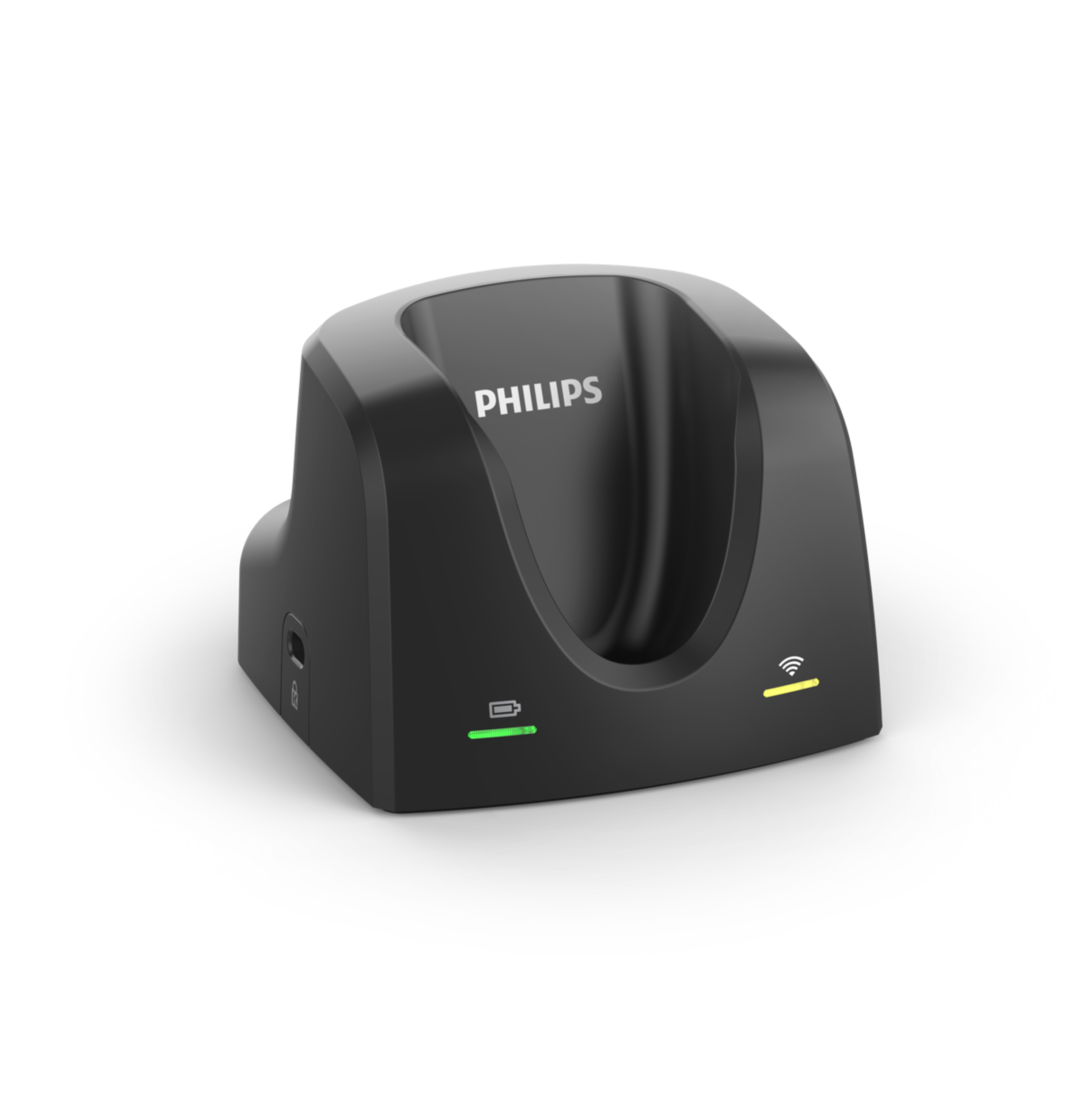 Schwarze Philips Ladestation. Hat eine Ladeanzeige und eine drahtlose Verbindungsanzeige, beide grün und gelb.
