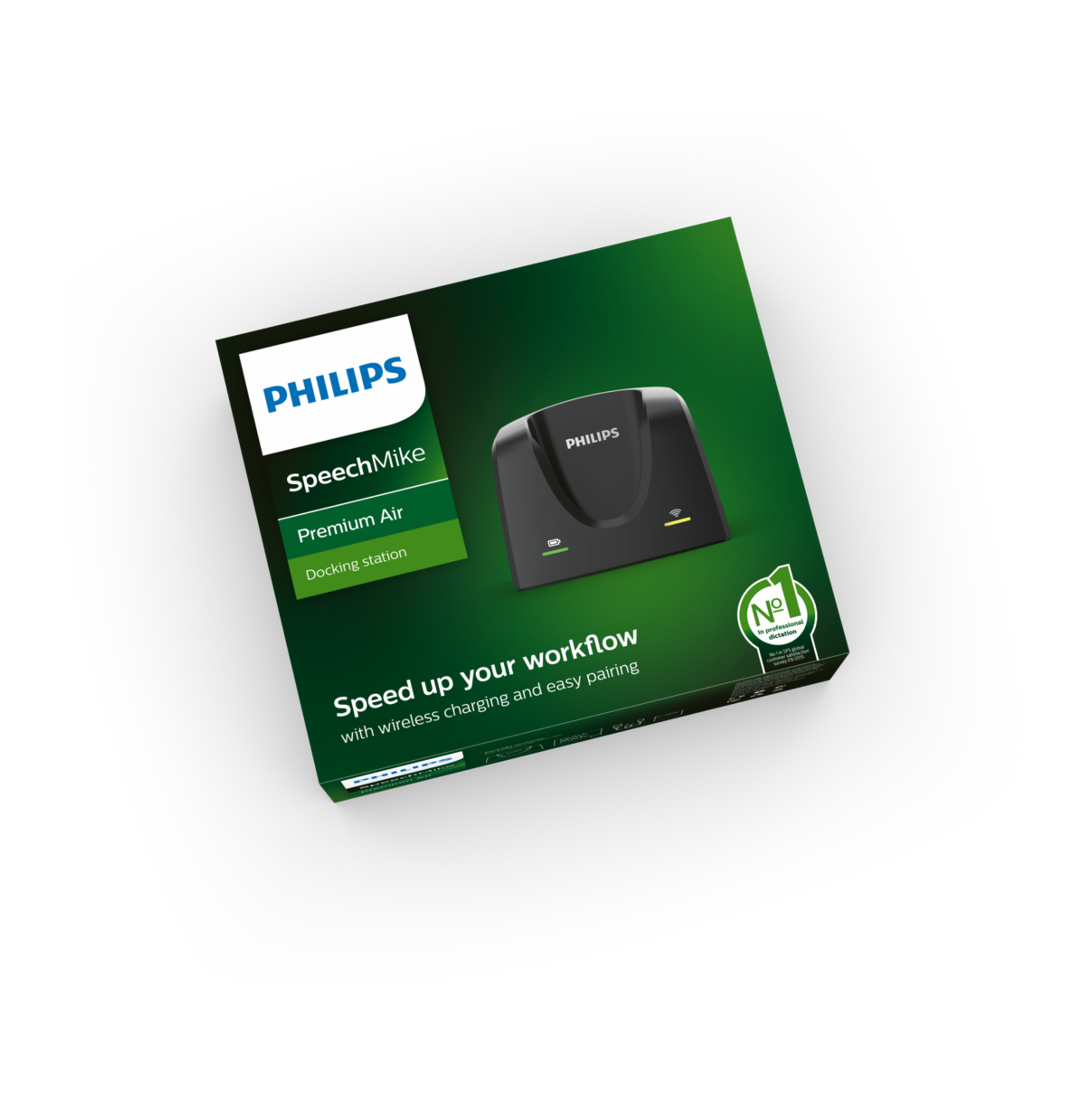Philips SpeechMike Premium Air Dockingstation-Box, mit Mikrofonbild und Text.