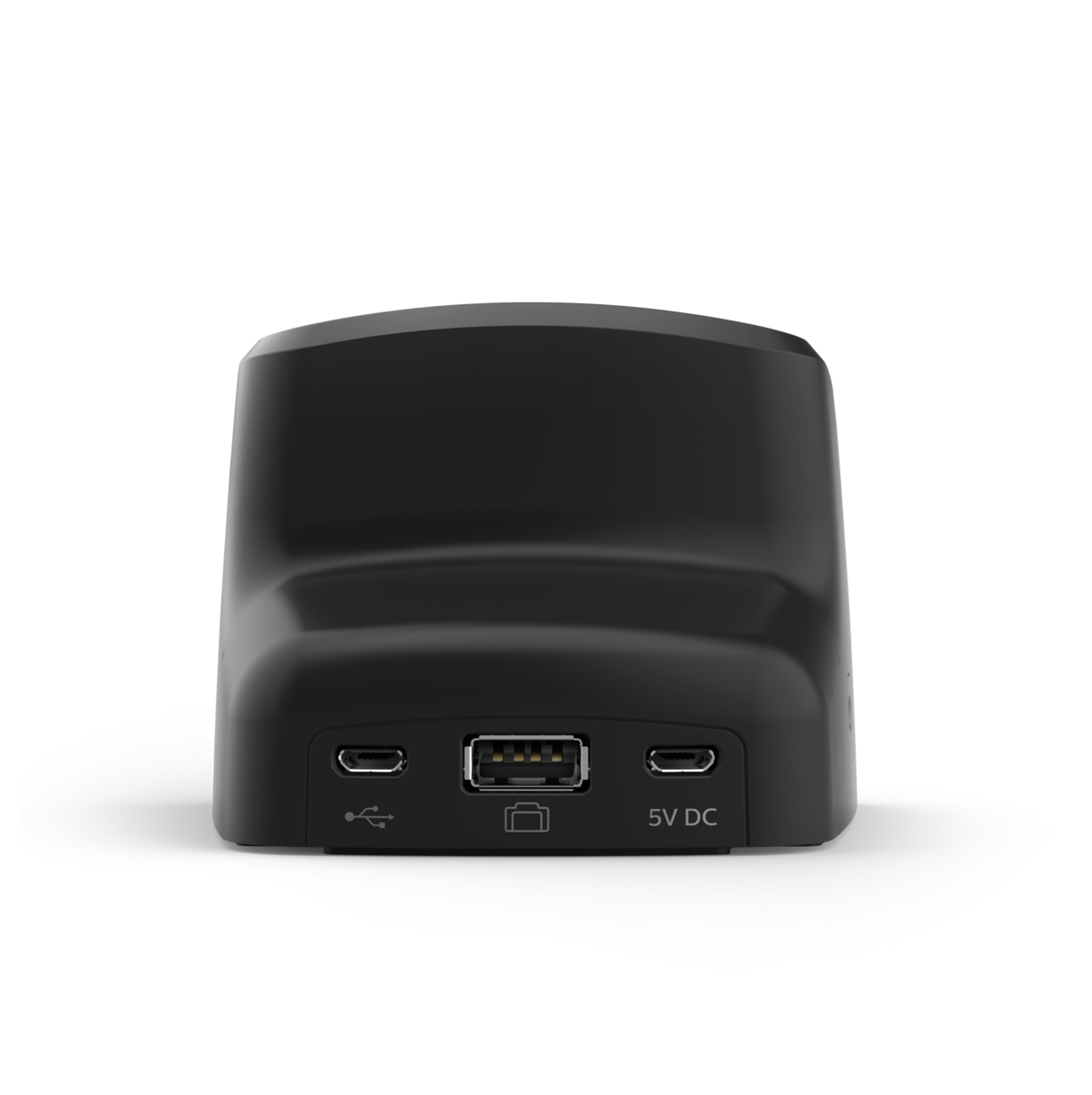 Schwarze Ladestation mit USB- und Stromanschlüssen. Die Basis befindet sich auf weißem Hintergrund.