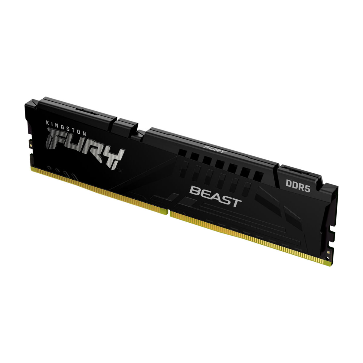Módulo de RAM DDR5 Kingston Fury Beast negro. El texto incluye 'FURY', 'BEAST' y 'DDR5'. Conectores dorados visibles abajo.