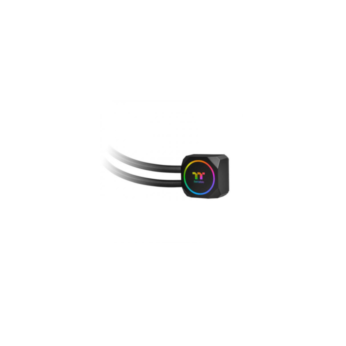 Schwarzer Flüssigkeitskühler mit farbigen Lichtern, schwarzen Schläuchen und weißem Hintergrund. Thermaltake-Logo sichtbar.