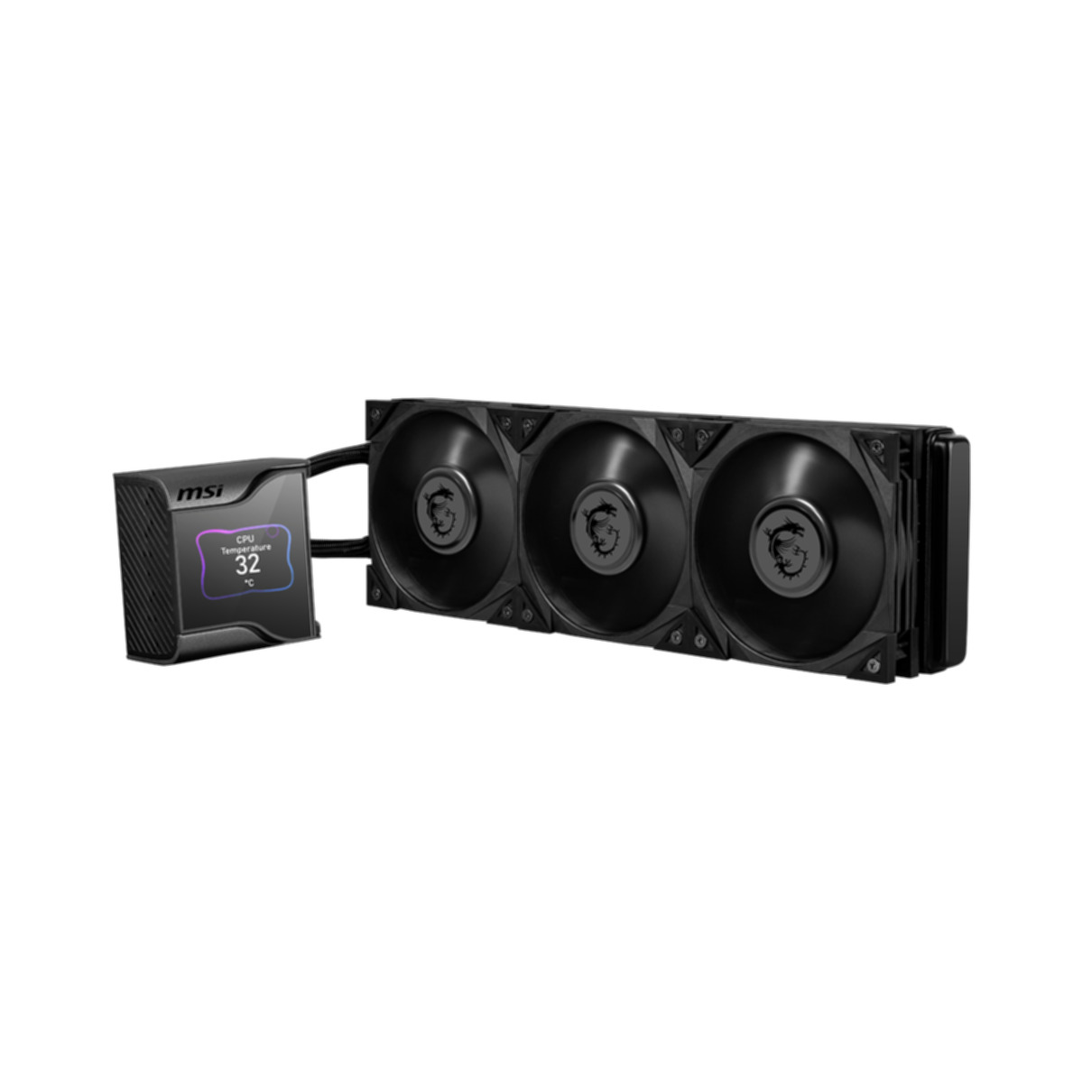 Dissipatore CPU MSI nero con tre ventole. Un piccolo display mostra la temperatura della CPU.