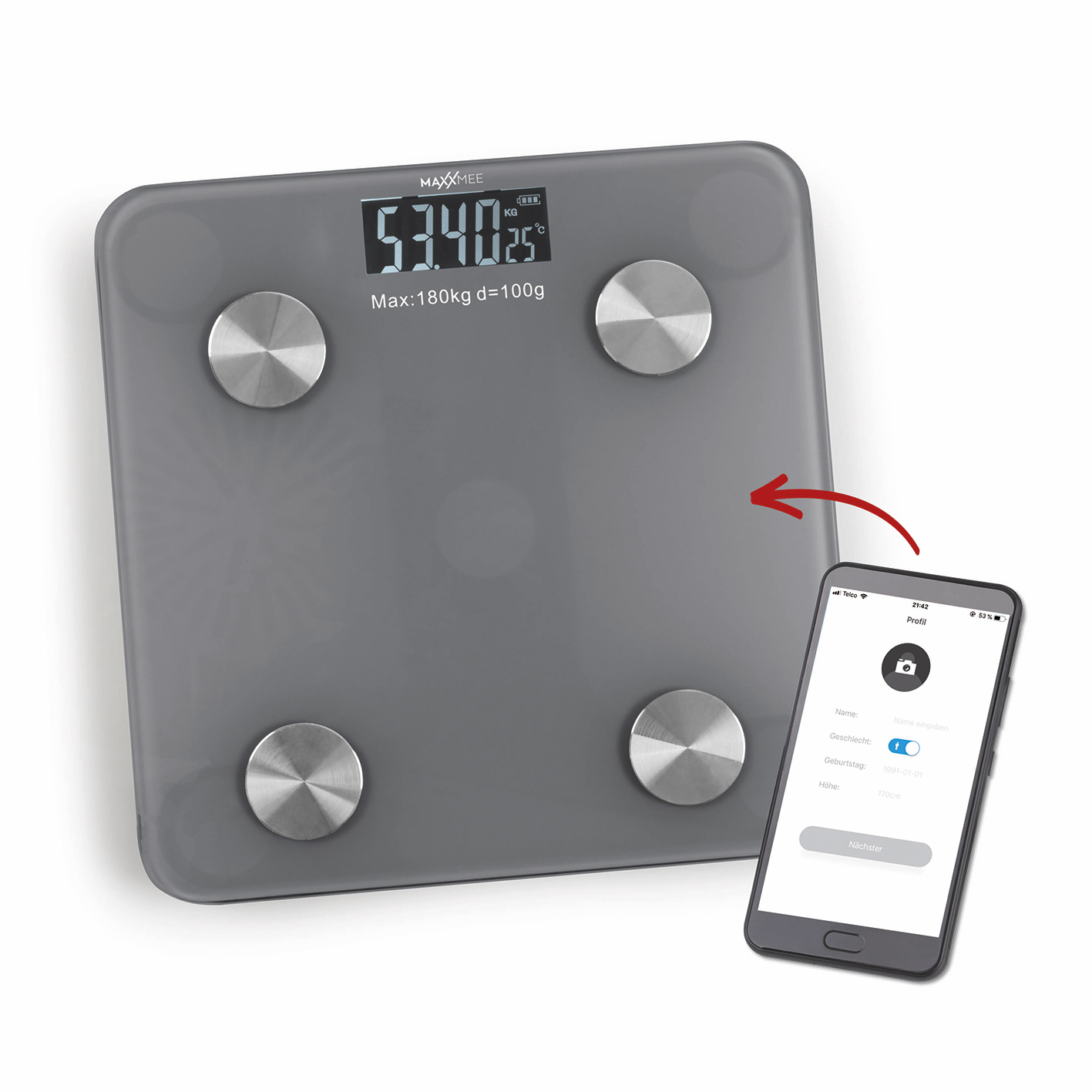 Graue Waage mit Telefon. Waage zeigt 53,4 kg. Telefon zeigt App-Oberfläche.
