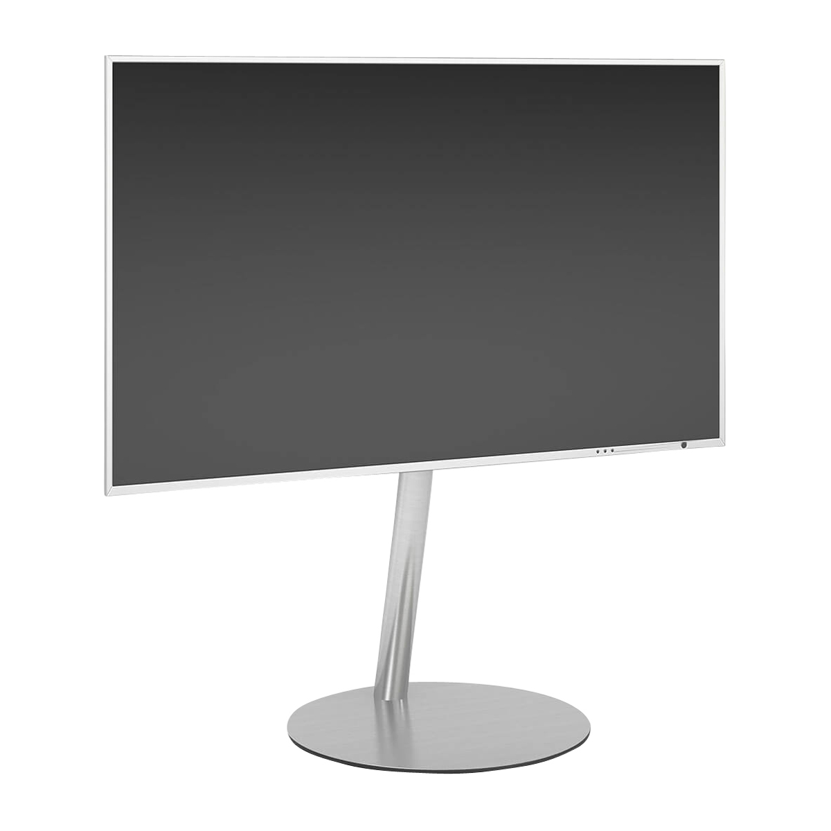 Ein Computermonitor mit silbernem Ständer und schwarzem Bildschirm.