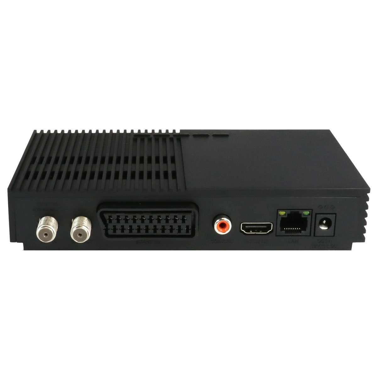 Schwarzer TV-Receiver mit verschiedenen Anschlüssen.