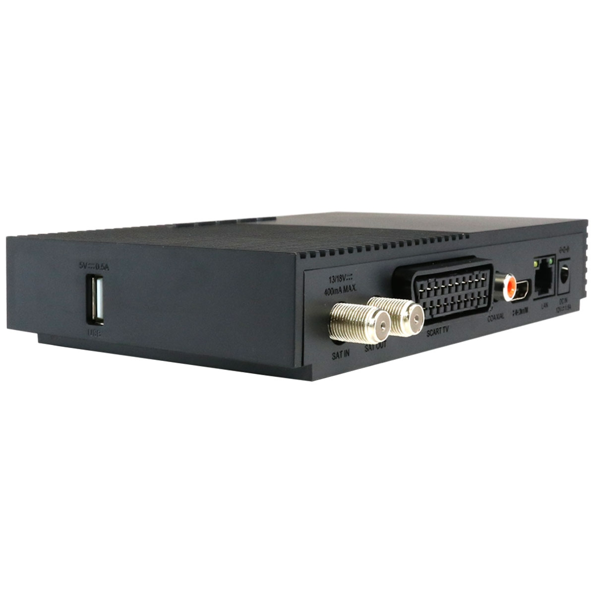 Eine schwarze TV-Receiver-Box mit Anschlüssen. Enthält USB, SAT IN, SCART TV und andere Anschlussoptionen.