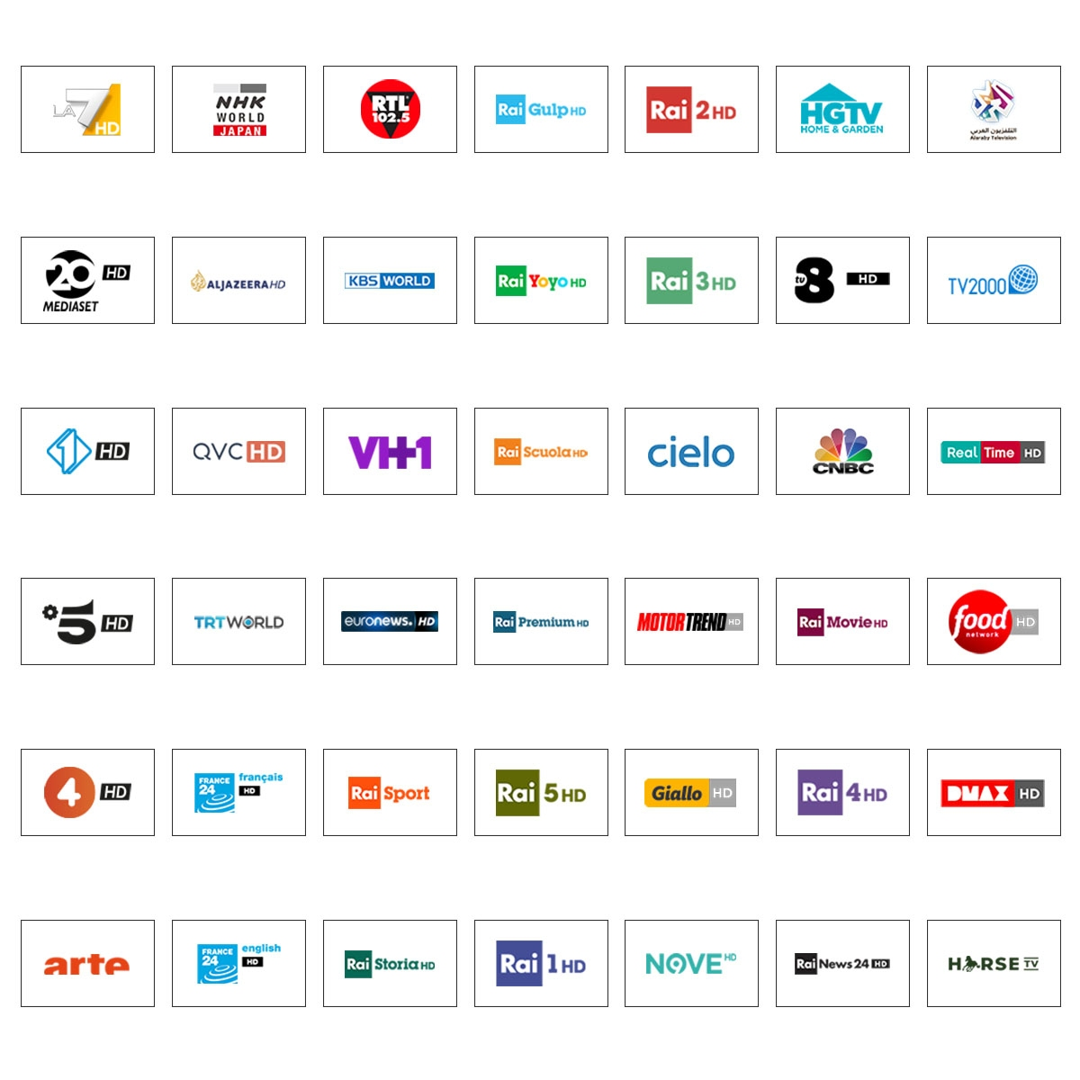 Logos von Fernsehsendern, verschiedene Größen, auf weißem Hintergrund.