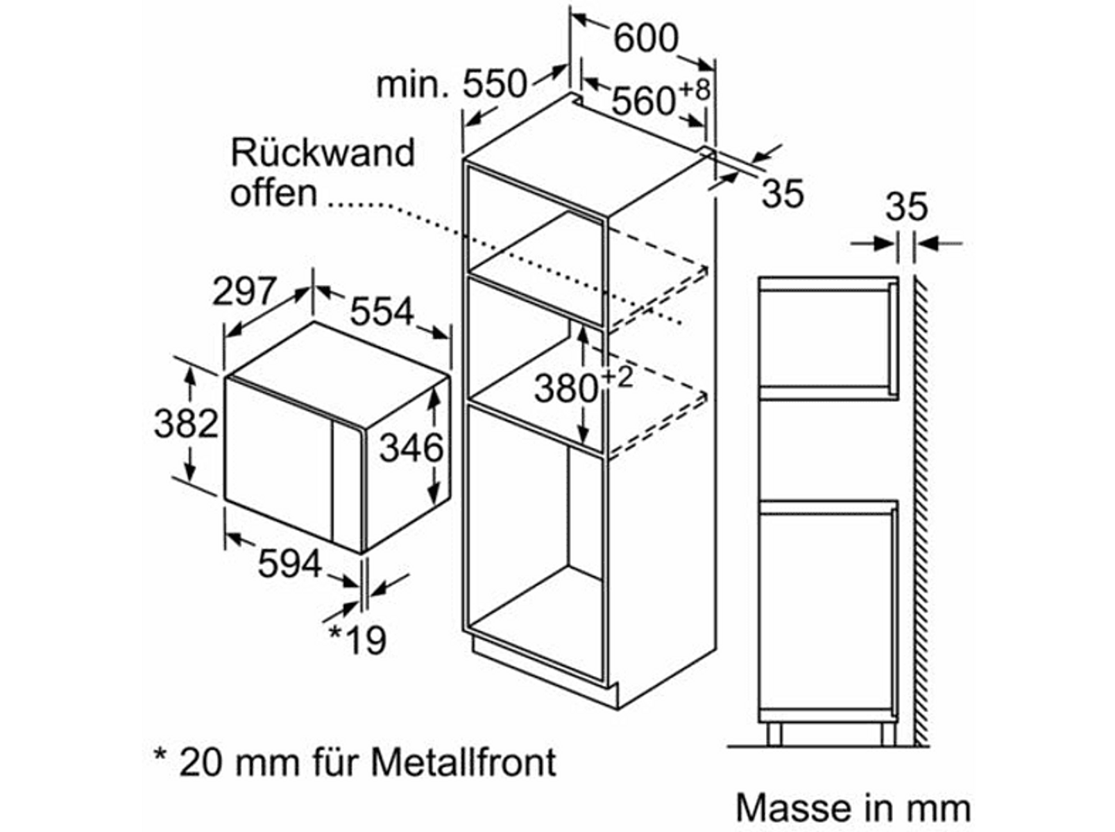 Un disegno tecnico di un mobile da cucina con dimensioni in mm. Linee bianche e nere su sfondo nero.