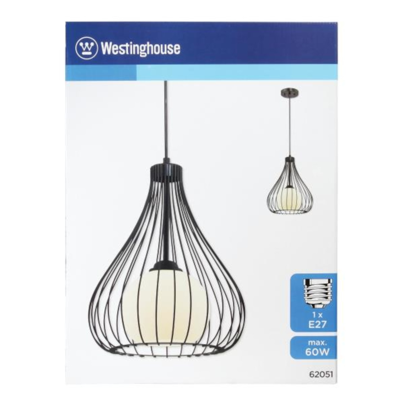 Westinghouse Pendelleuchtenverpackung. Zeigt eine schwarze Drahtrahmen-Leuchte mit einer weißen Glühbirne.