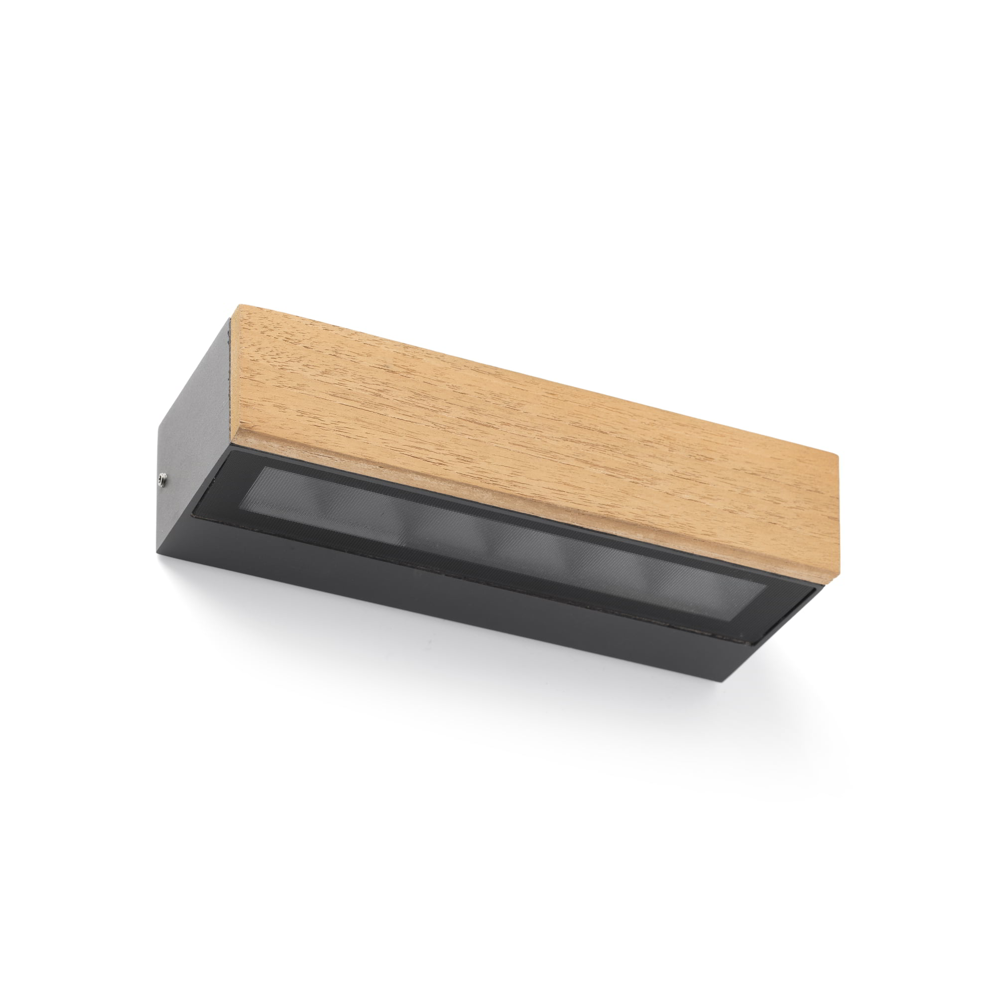 Eine rechteckige Außenwandleuchte mit Holzverkleidung und schwarzem Metallrahmen.