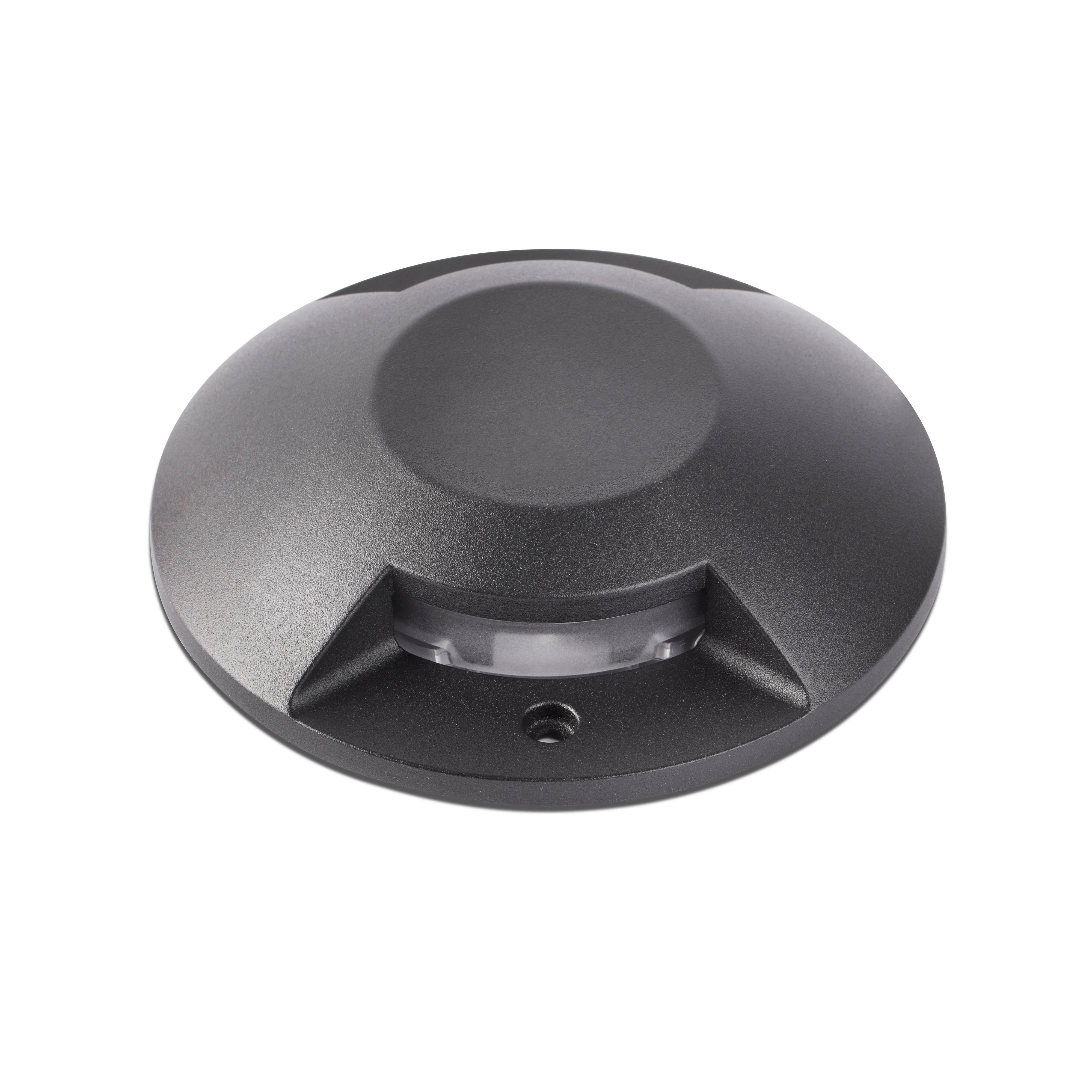 Apparecchio di illuminazione rotondo nero per esterni su sfondo bianco.