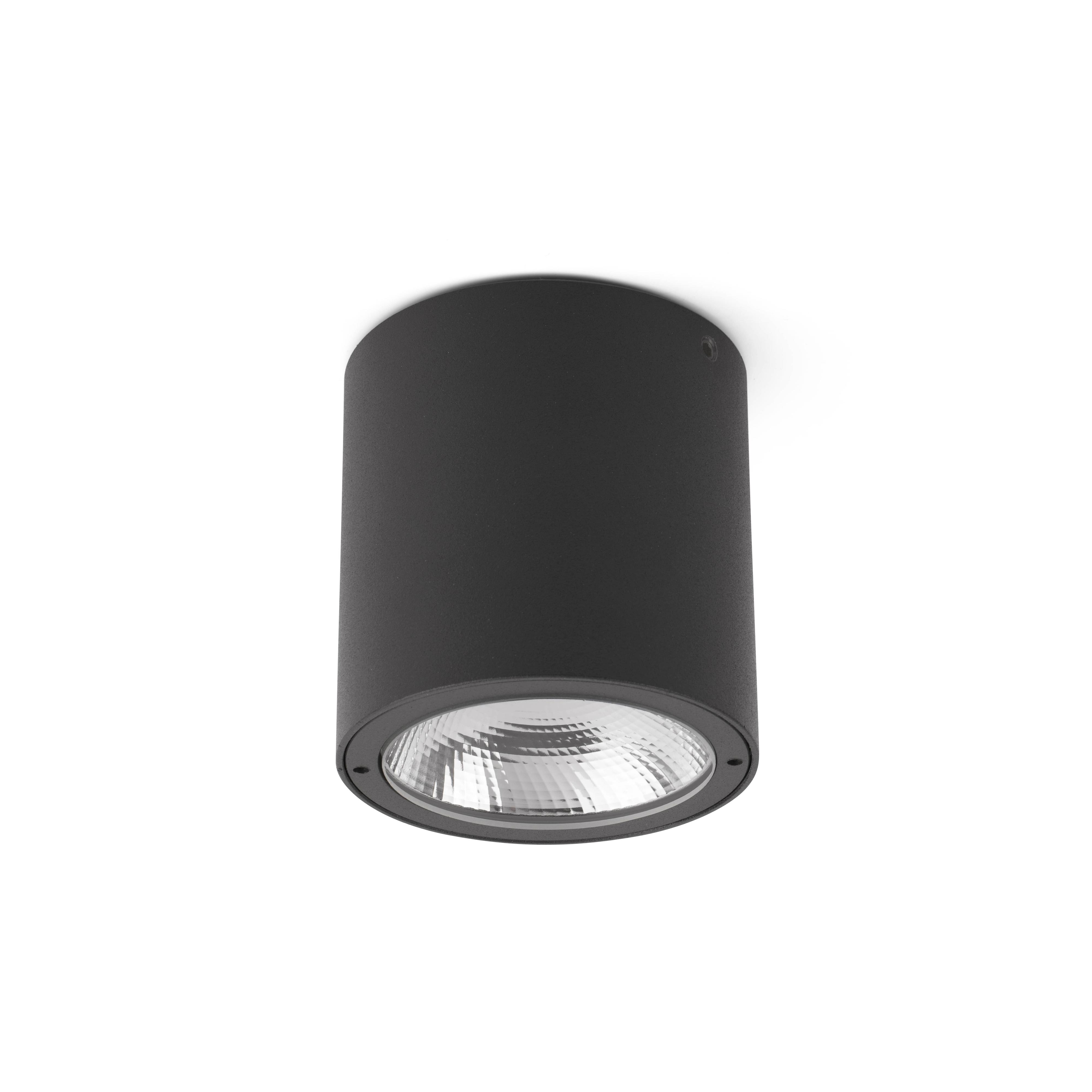 Apparecchio di illuminazione a soffitto cilindrico nero su sfondo bianco.
