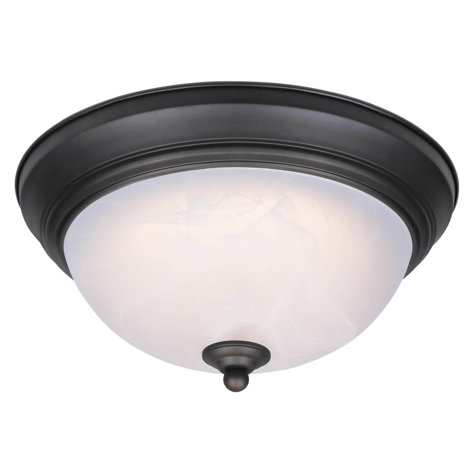 Eine runde, schwarze Deckenleuchte mit einer weißen, mattierten Glaskuppel, weißer Hintergrund.
