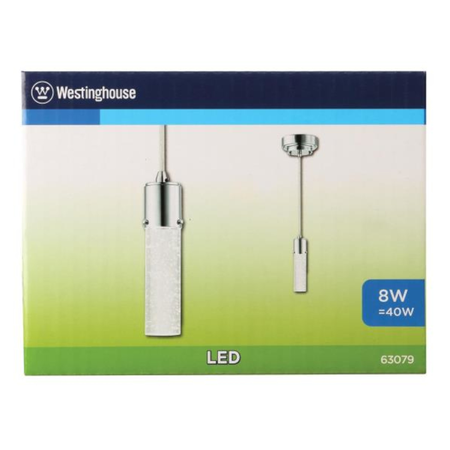 Una scatola bianca con due lampade a sospensione e la scritta '8W=40W'.