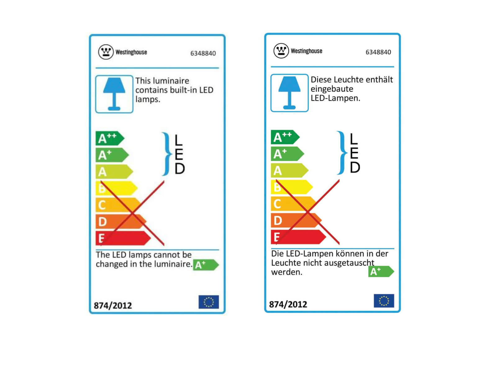Zwei Energielabel. Links: Englisch, sagt, die Lampe hat eingebaute LED-Lampen. Rechts: Deutsch, gleiche Info.