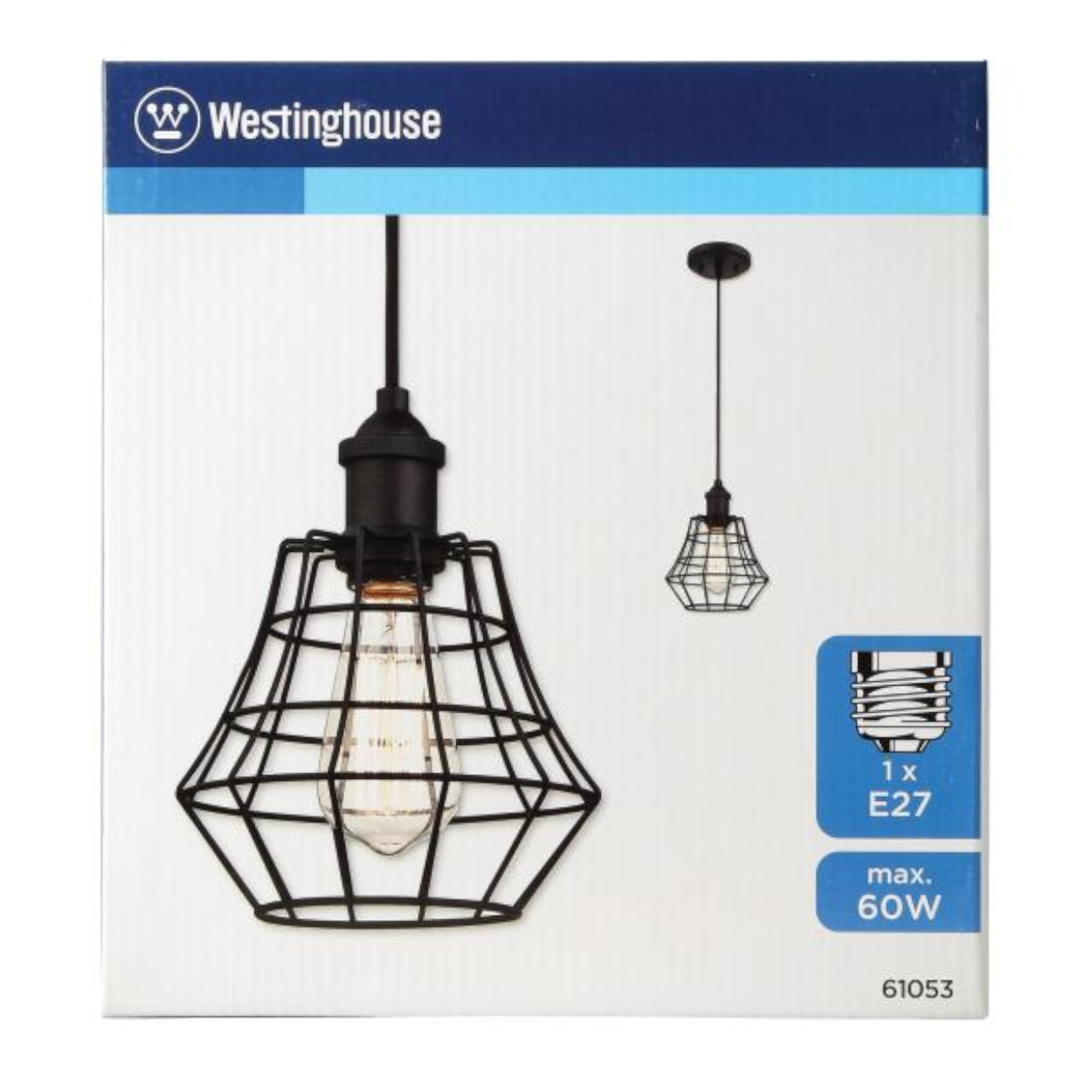 Westinghouse-Box mit einer schwarzen Käfig-Pendelleuchte.