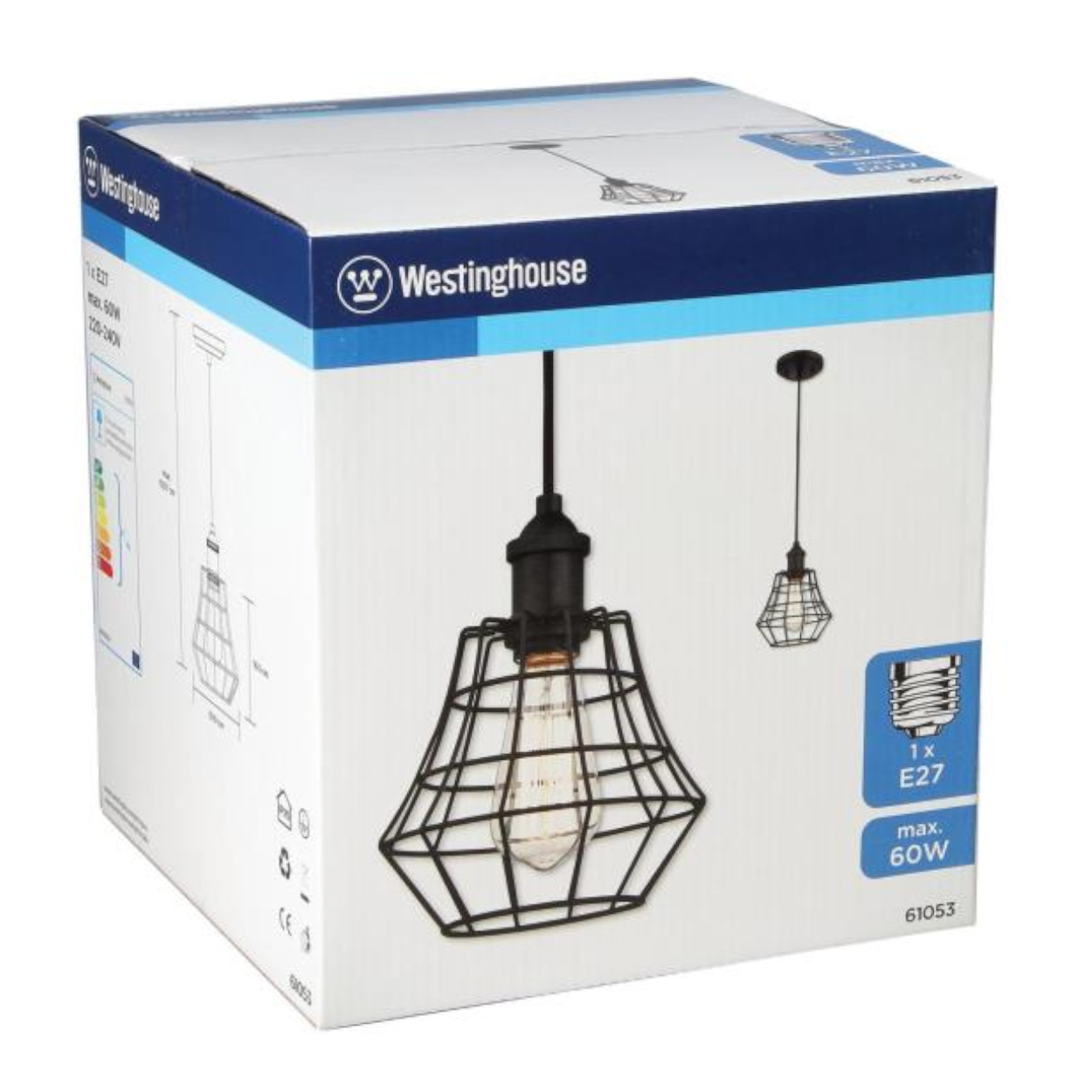 Karton mit Westinghouse-Logo. Zeigt eine schwarze Käfig-Pendelleuchte mit einer Glühbirne. Die Box ist weiß und blau.