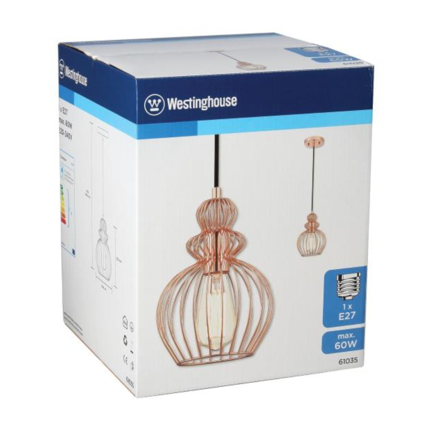 Box mit einer Pendelleuchte. Die Lampe hat einen kupferfarbenen Rahmen und eine Glühbirne.