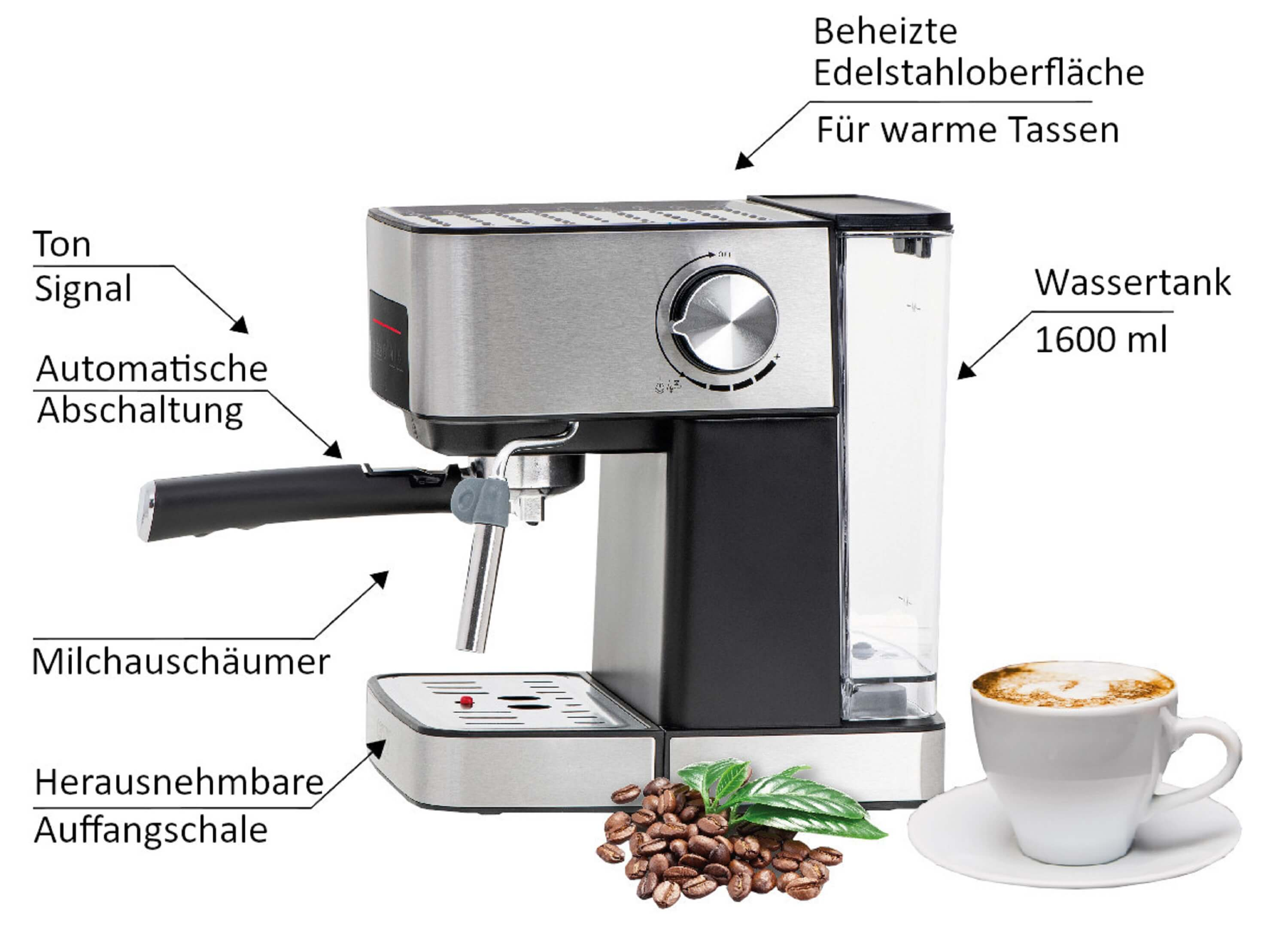 Ekspres do kawy z etykietami części. Obecna jest również filiżanka kawy i ziarna.