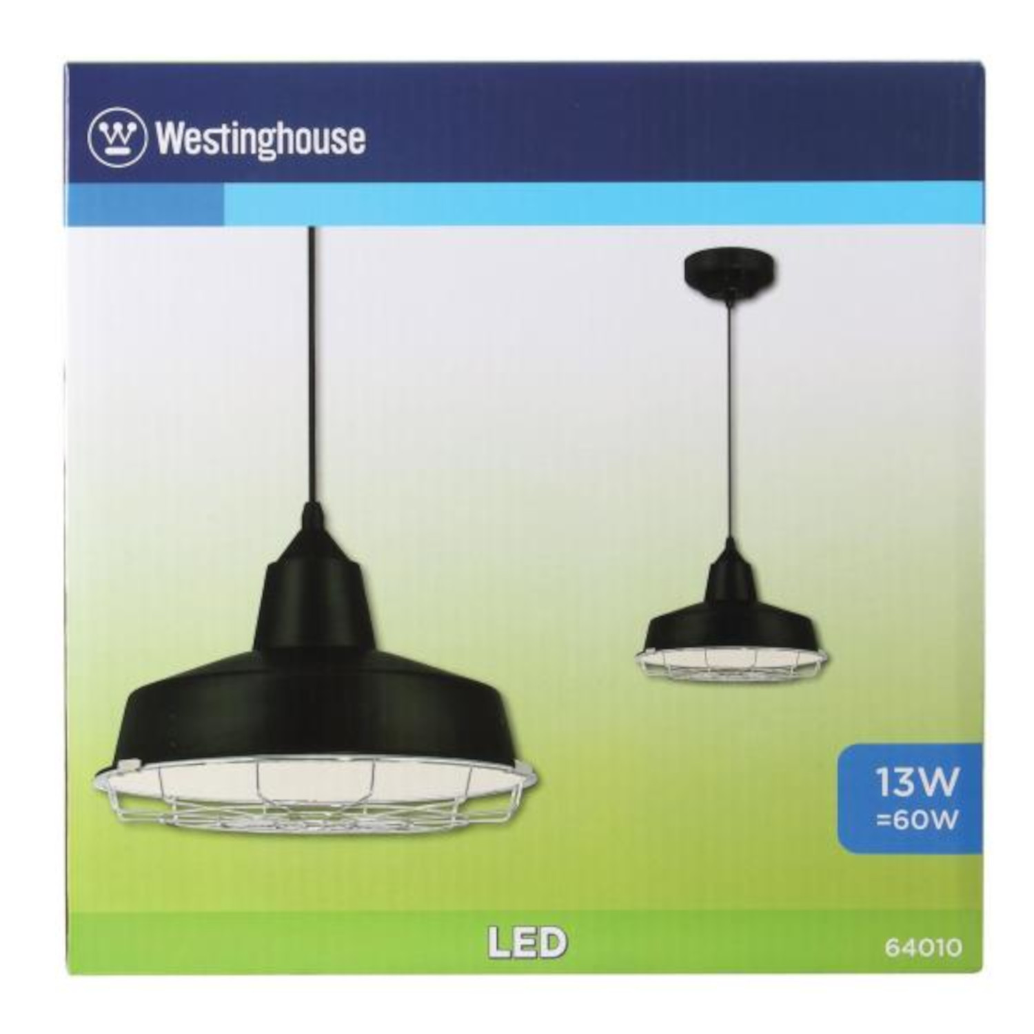 Zwei schwarze Westinghouse LED-Pendelleuchten auf weißem Hintergrund. Der Text '13W =60W' ist sichtbar.