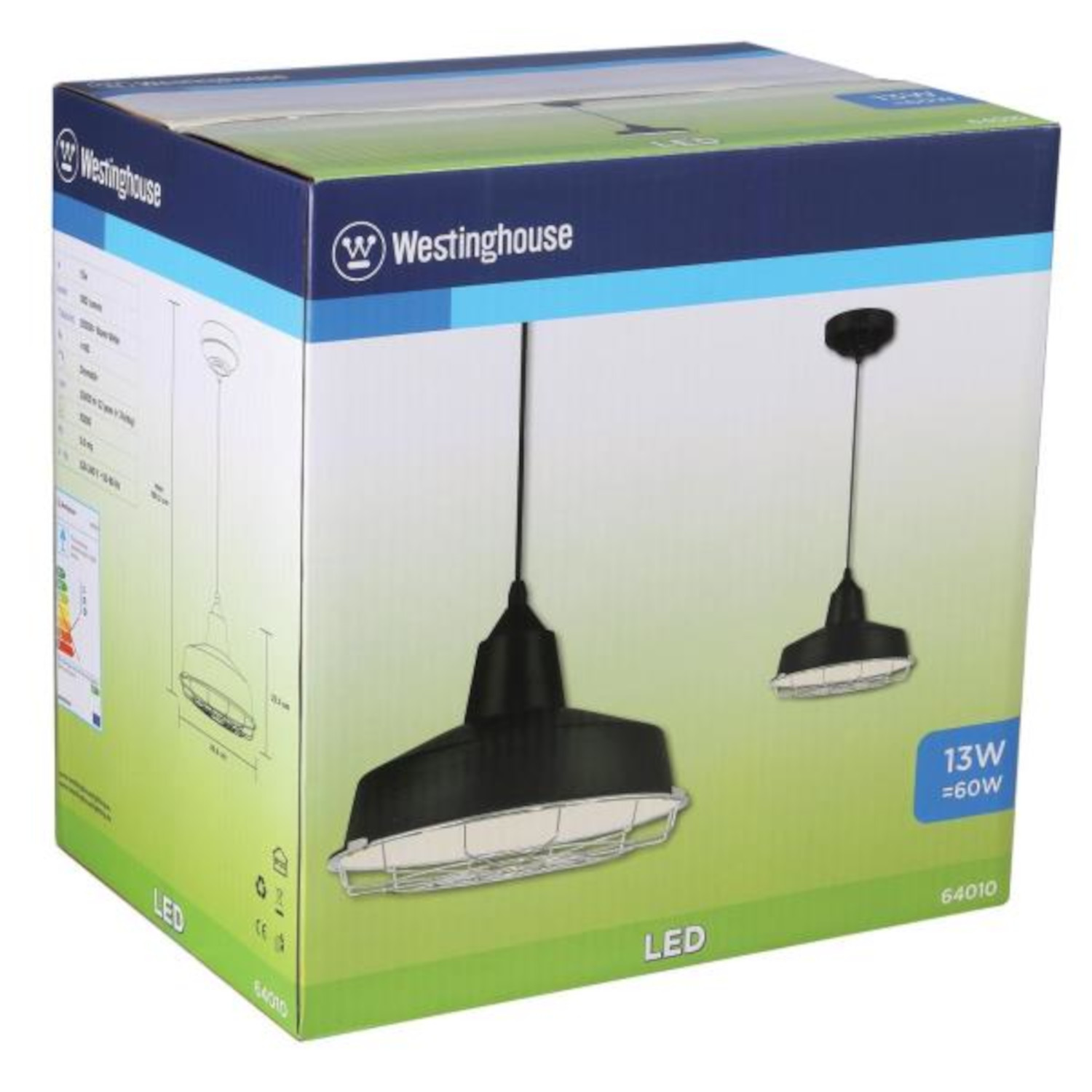 Karton mit einer Westinghouse LED-Pendelleuchte-Illustration. Die Lampe ist schwarz, mit Drahtkäfig.